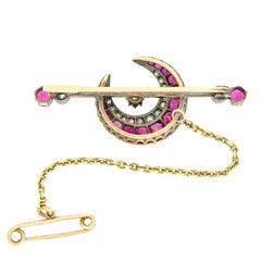 Victorian 2.60ct Ruby and Diamond Crescent Moon Brooch, c.1880s