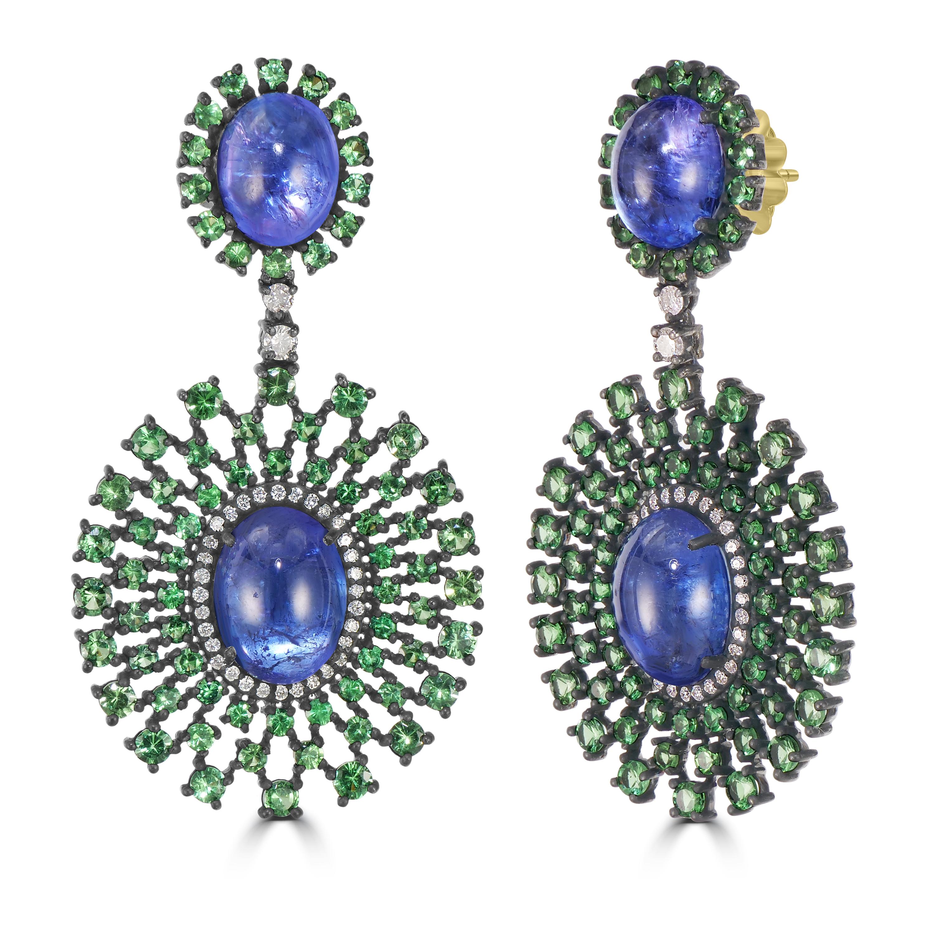 Introducing our Victorian 26.28 Cttw. Tanzanite, Tsavorite, and Diamond Dangle Earrings—a floral symphony that celebrates the allure of precious gemstones and the artistry of Victorian design.

At the heart of these captivating earrings is an oval