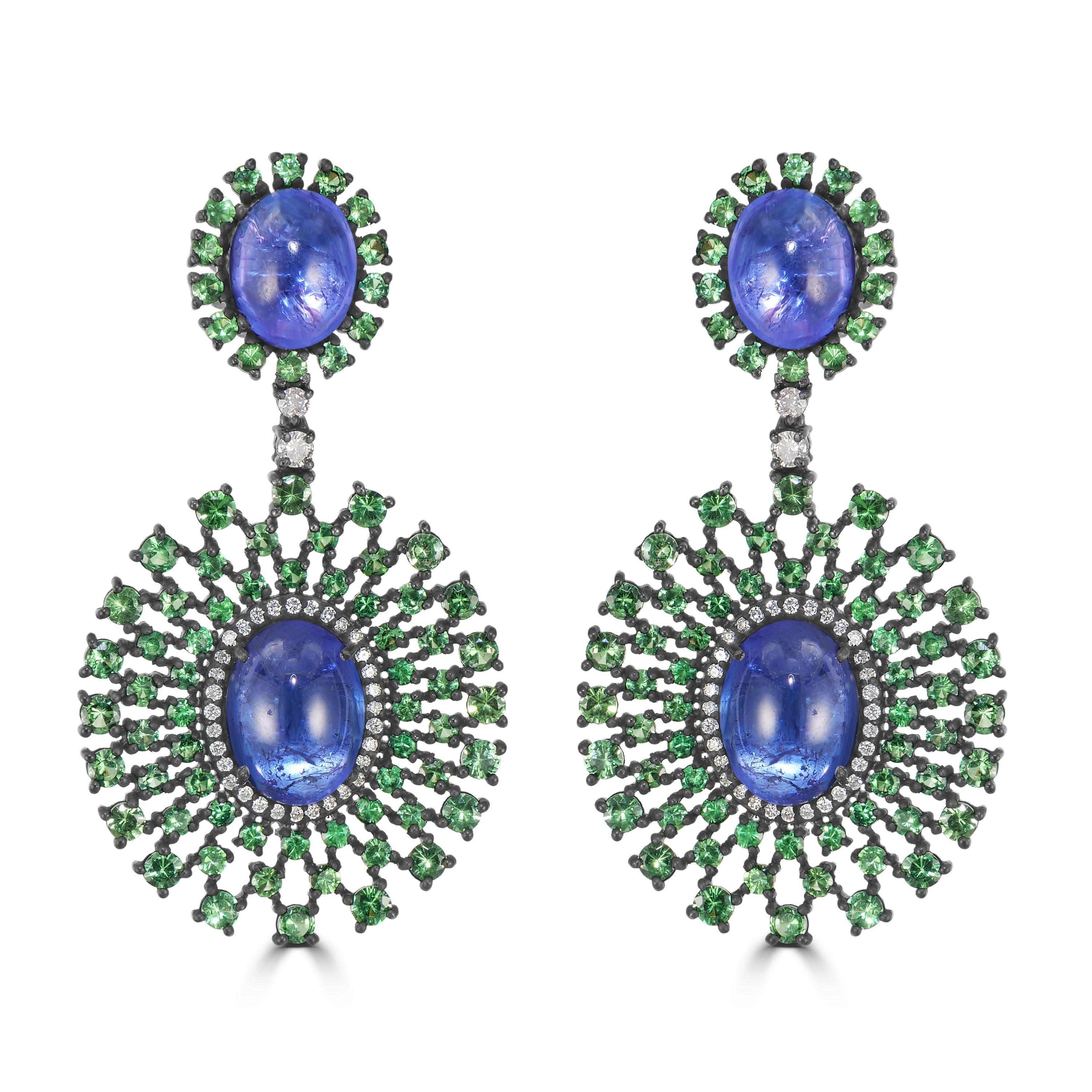 Victorian 26.28 Cttw. Tanzanite, Tsavorite and Diamond Dangle Earrings  In New Condition In New York, NY