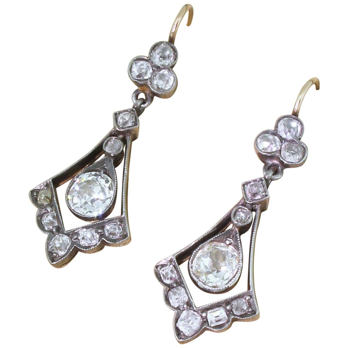 Victorian 2.64 Carat Old Cut Diamond Drop Earrings For Sale
