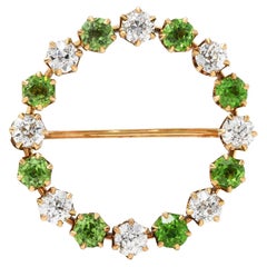 Victorian 2.65 Carats Demantoid Garnet Diamond 18 Karat Rose Gold Circle Brooch