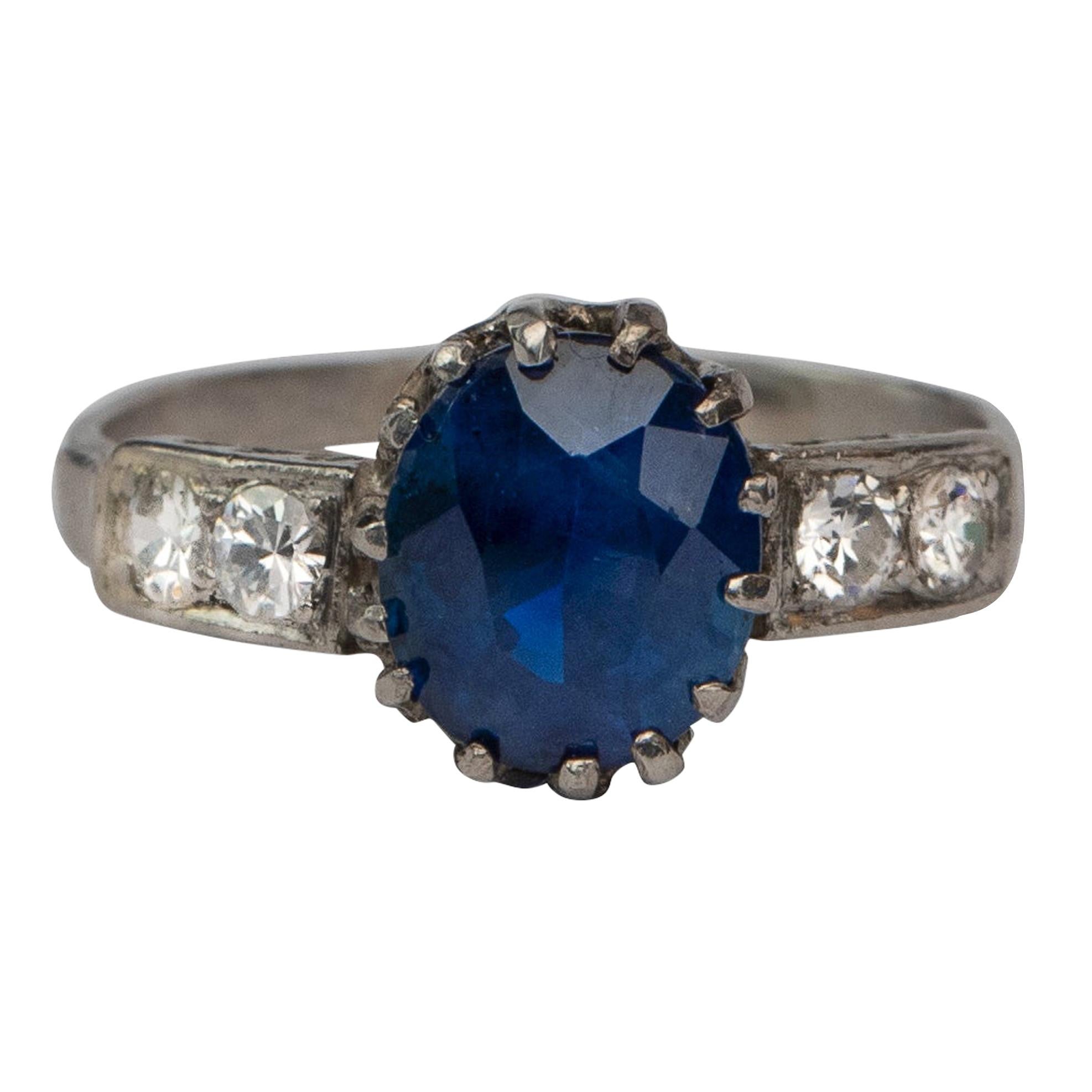 Victorian 2.66 Carat GIA No Heat Blue Sapphire Platinum Ring w Diamond Accents