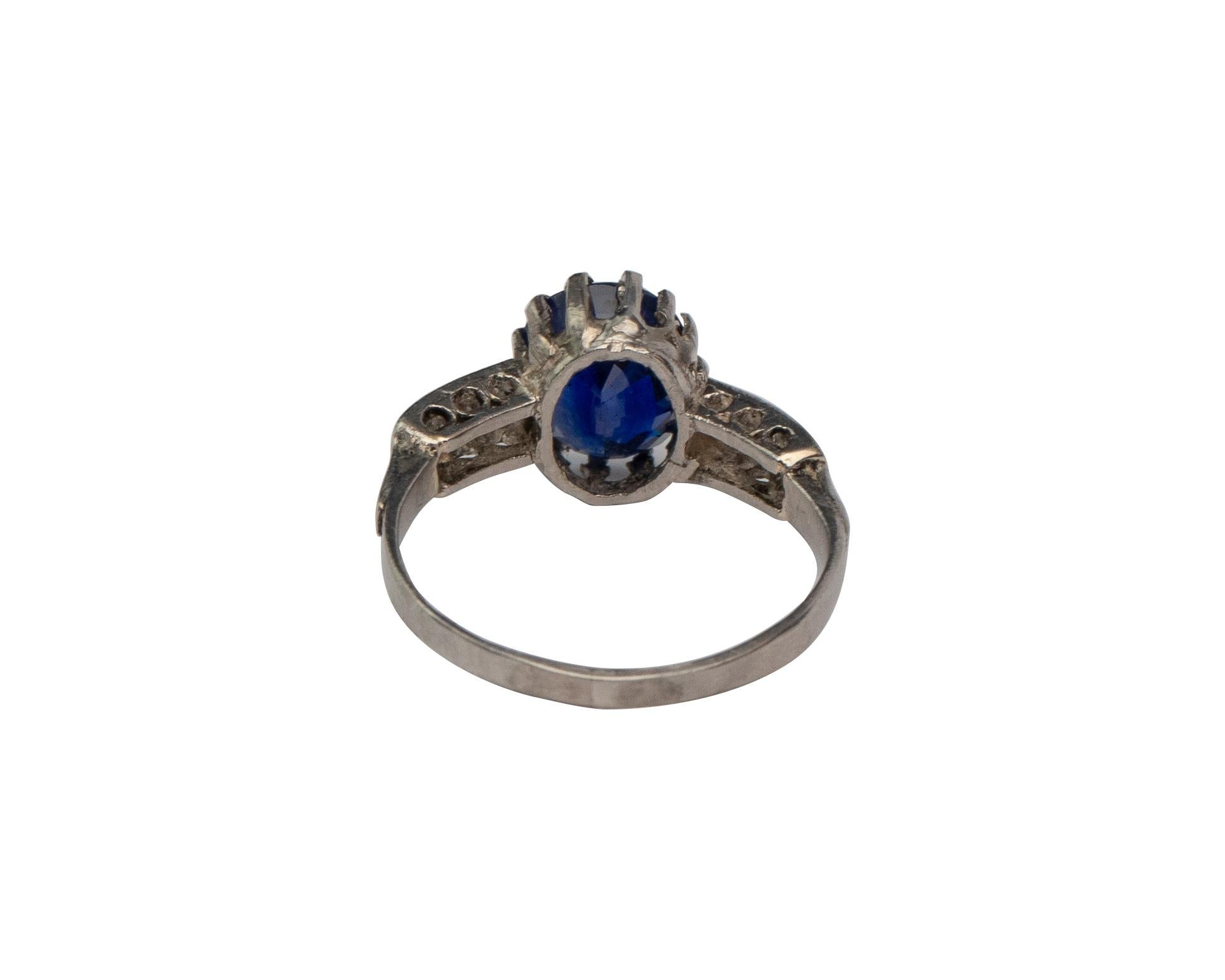 Old European Cut Victorian 2.66 Carat GIA No Heat Blue Sapphire Platinum Ring w Diamond Accents