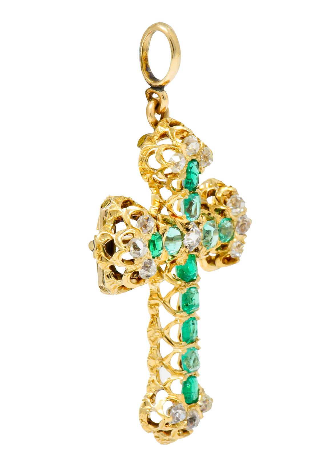 Old Mine Cut Victorian 2.67 Carat Emerald Diamond 18 Karat Gold Cross Pendant Brooch