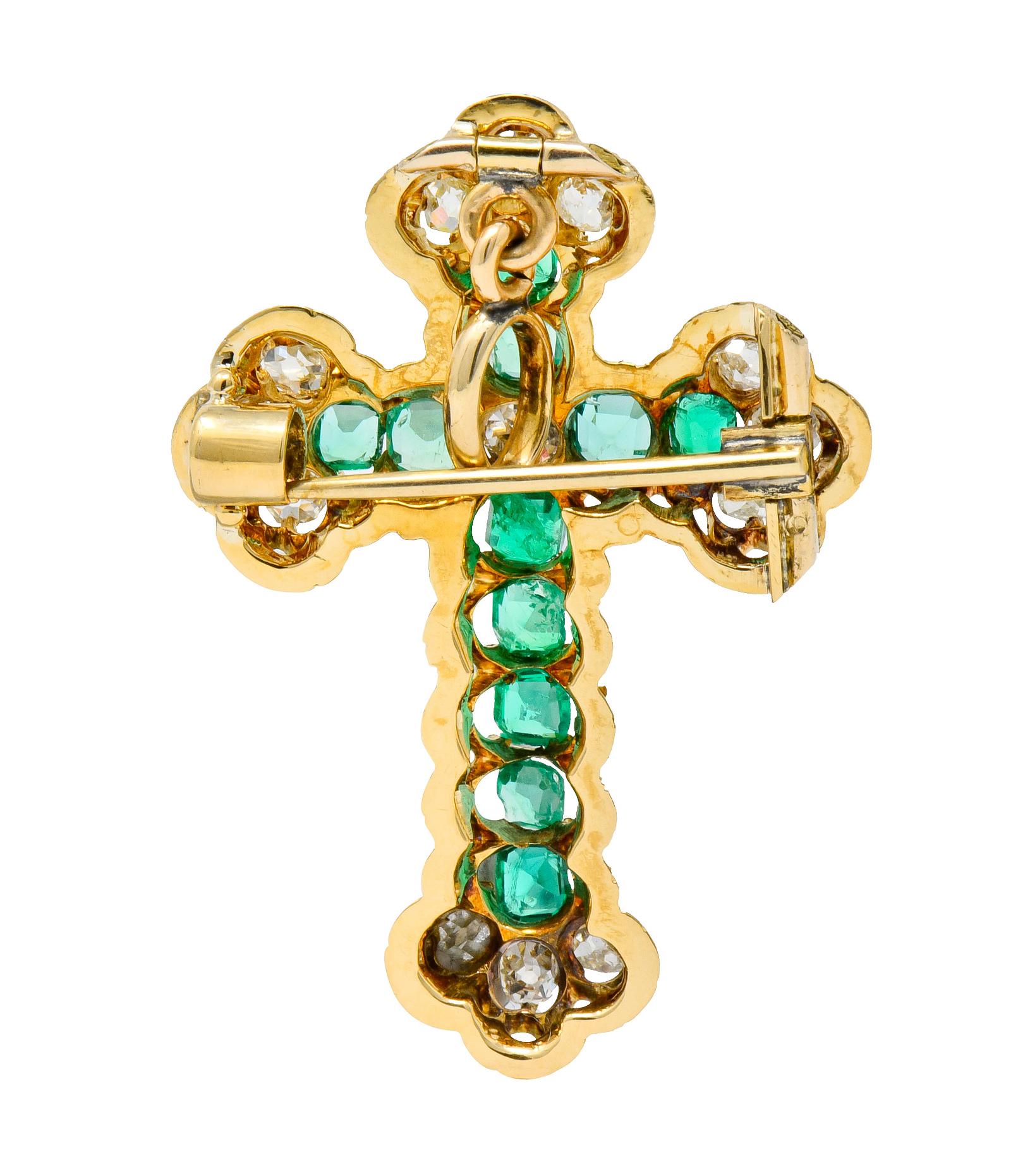 Victorian 2.67 Carat Emerald Diamond 18 Karat Gold Cross Pendant Brooch In Excellent Condition In Philadelphia, PA