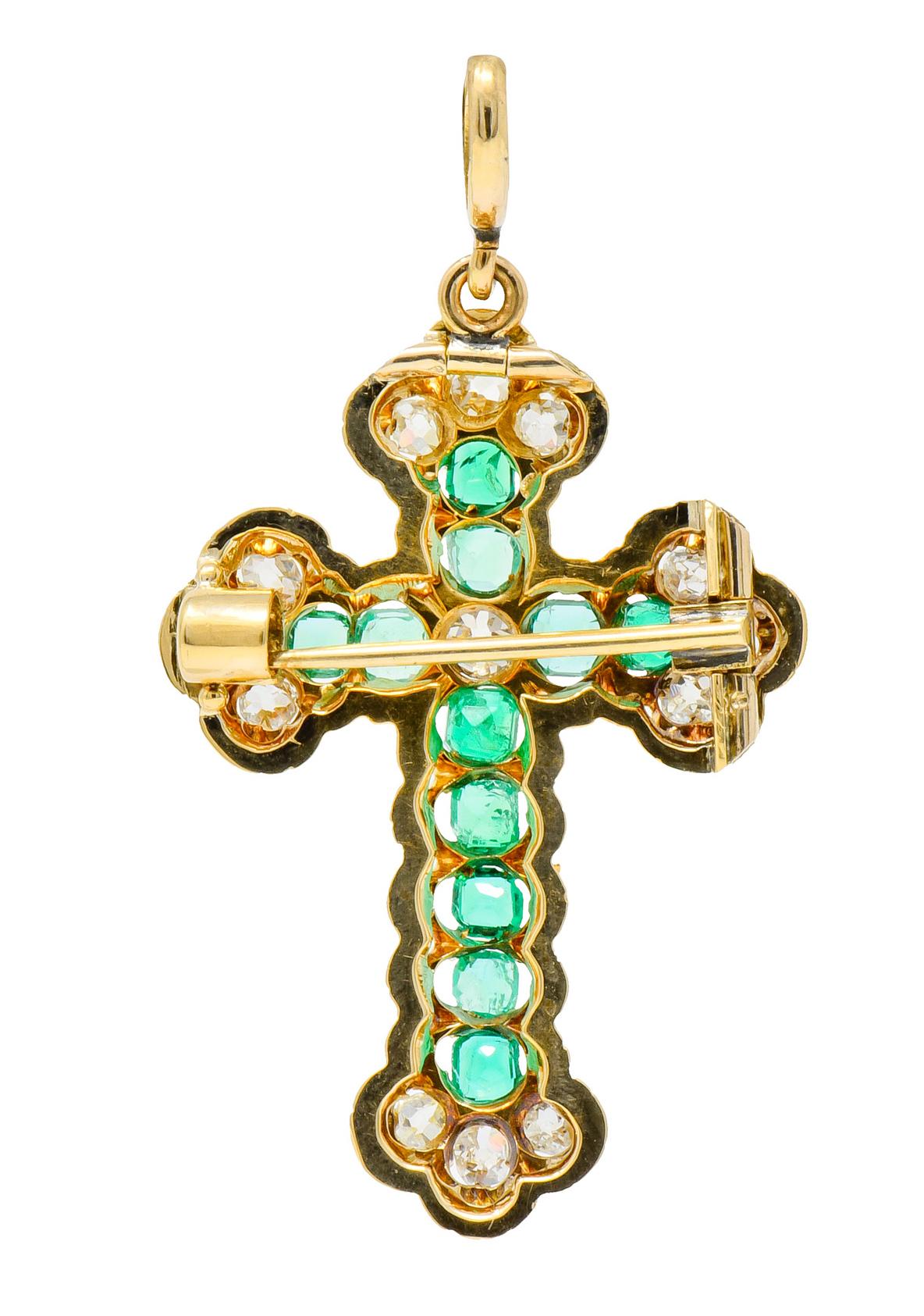 Women's or Men's Victorian 2.67 Carat Emerald Diamond 18 Karat Gold Cross Pendant Brooch