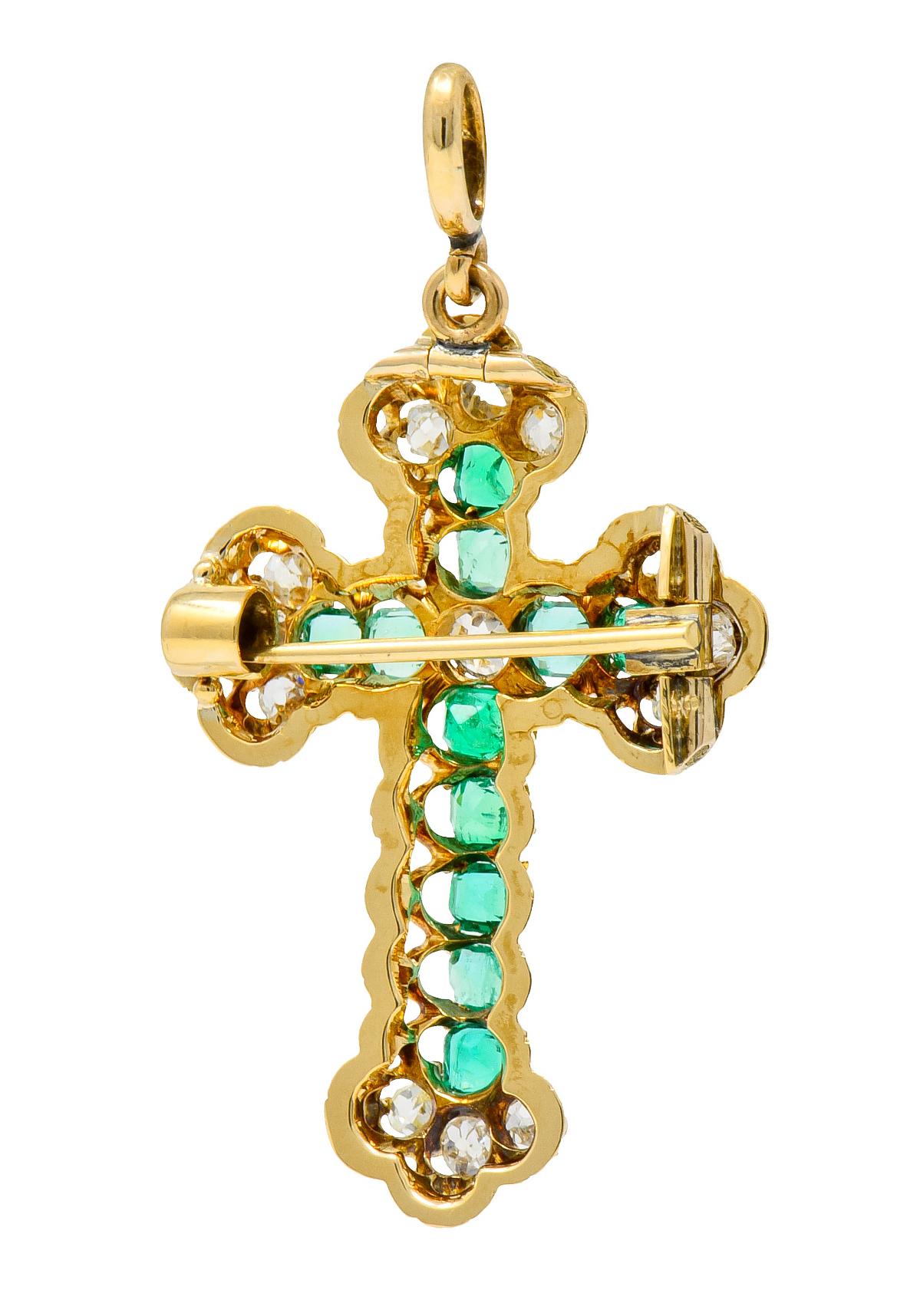 Victorian 2.67 Carat Emerald Diamond 18 Karat Gold Cross Pendant Brooch 1