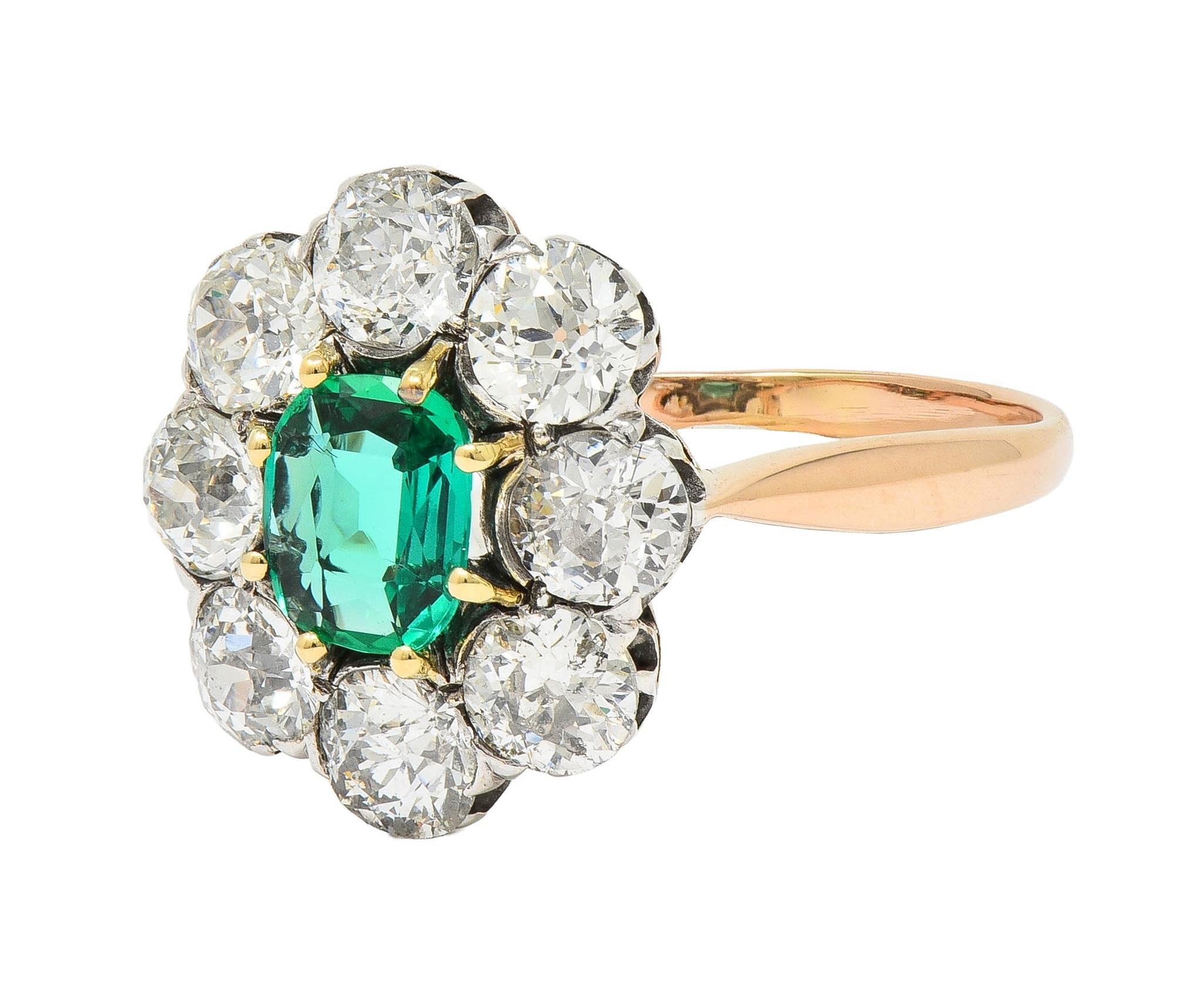 Viktorianischer 2,69 CTW No Oil Kolumbianischer Smaragd Diamant 14K Gold Antiker Ring im Angebot 2