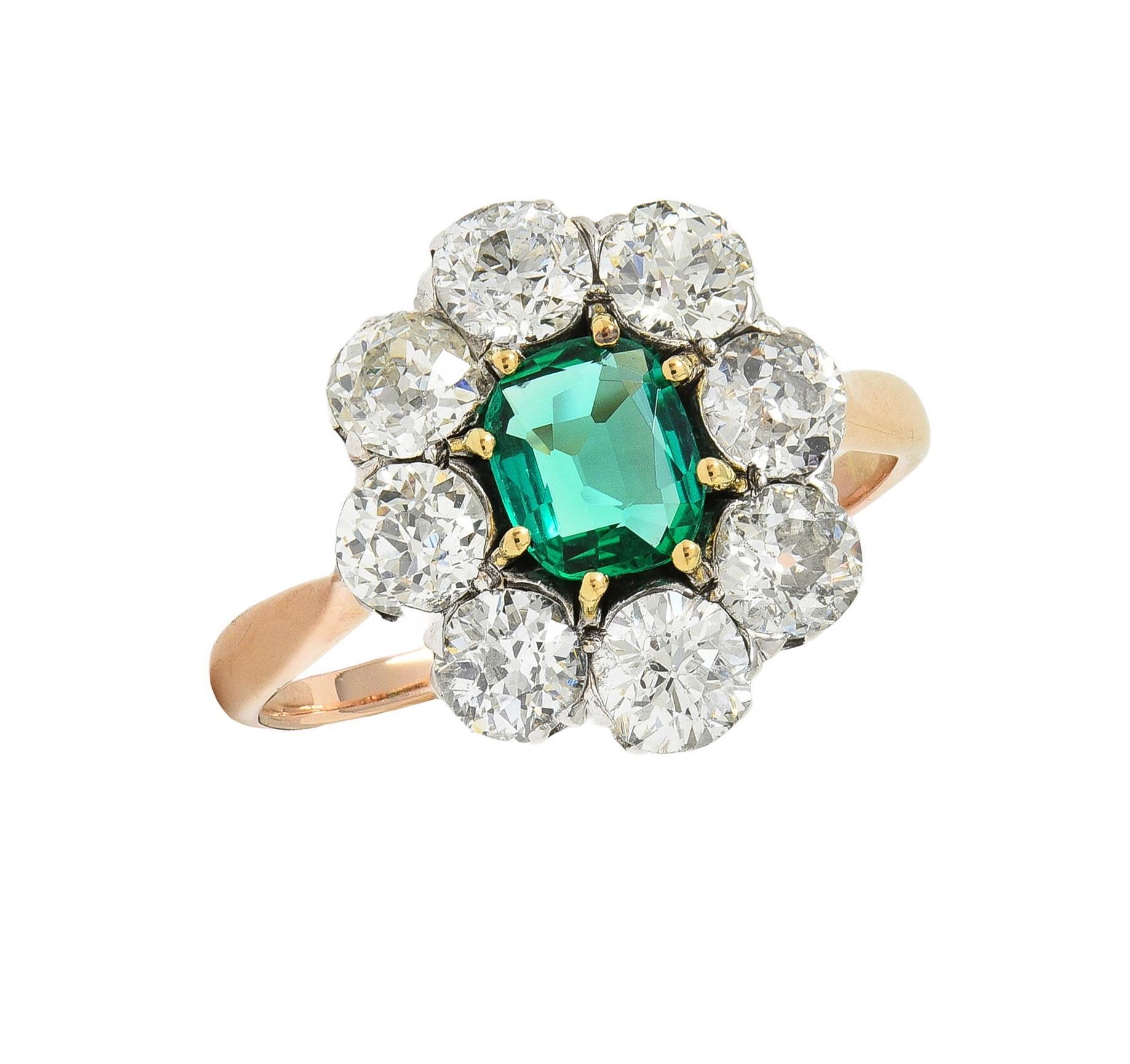 Viktorianischer 2,69 CTW No Oil Kolumbianischer Smaragd Diamant 14K Gold Antiker Ring im Angebot 4