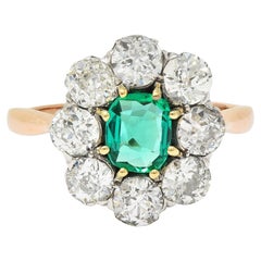 Bague d'antiquités victorienne en or 14 carats, diamants et émeraude de Colombie 2,69 carats, sans huile