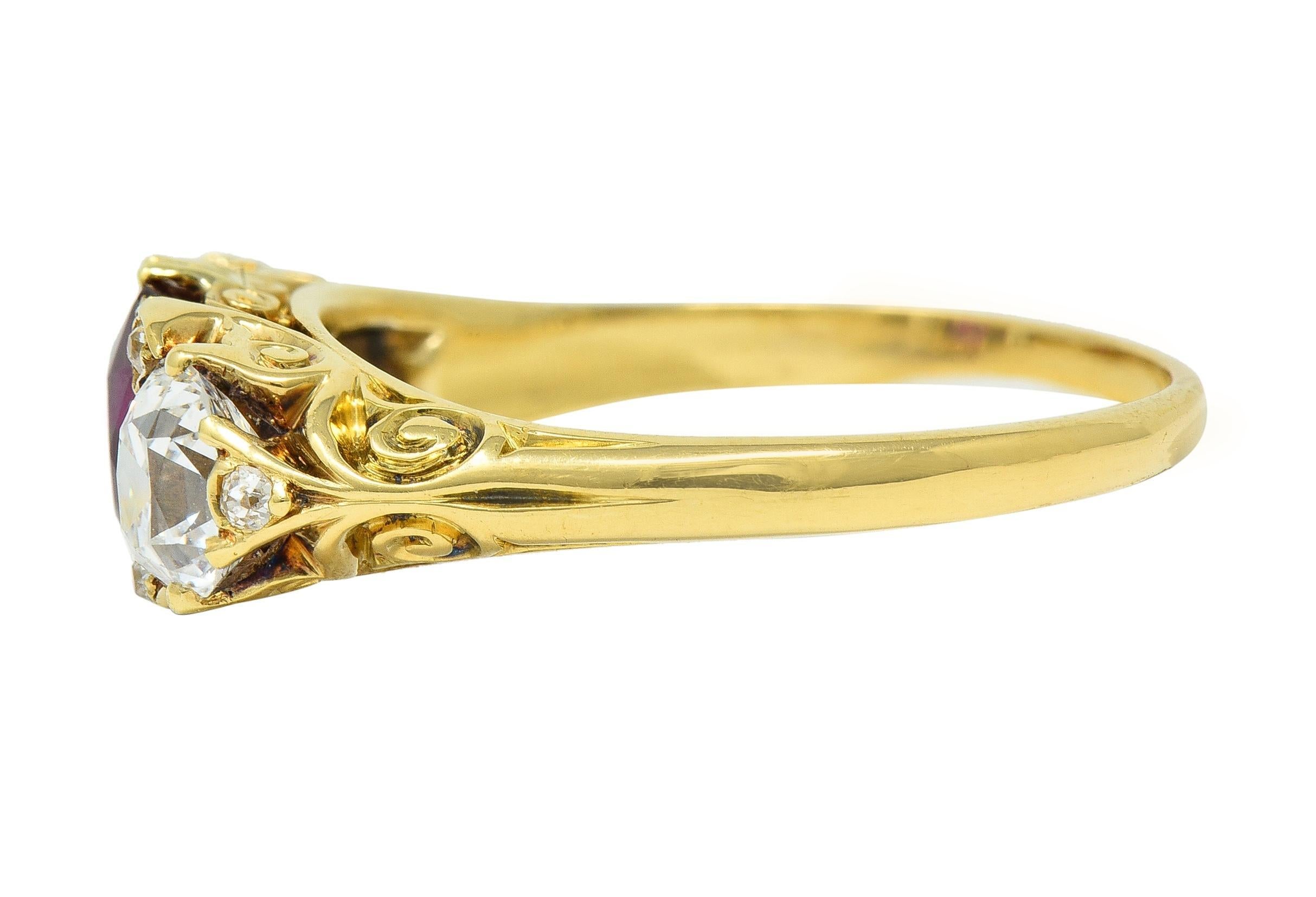 Women's or Men's Victorian 2.70 CTW No Heat Burma Ruby Diamond 18 Karat Yellow Gold Ring AGL For Sale