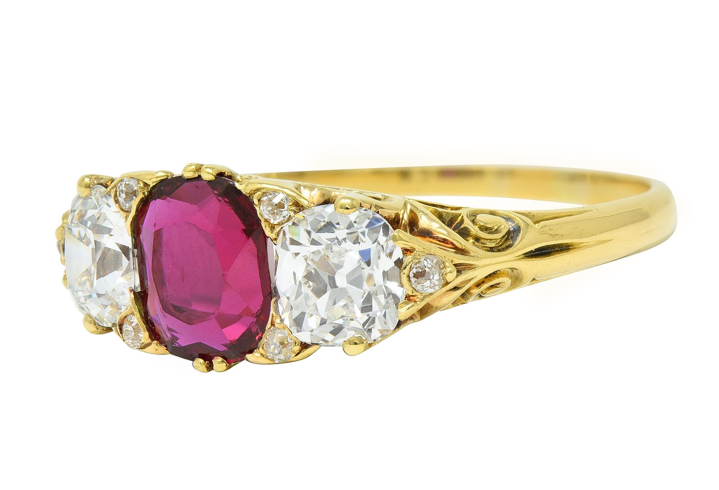Victorian 2.70 CTW No Heat Burma Ruby Diamond 18 Karat Yellow Gold Ring AGL For Sale 1