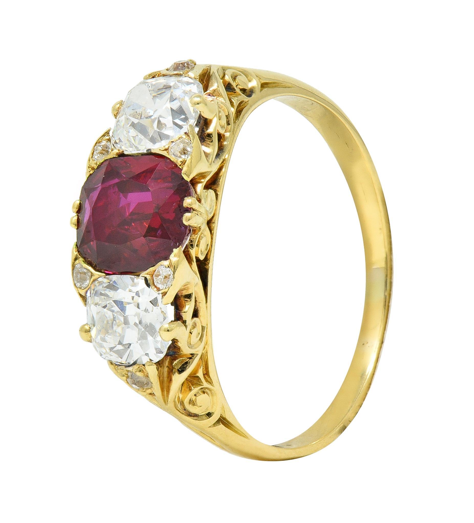 Victorian 2.70 CTW No Heat Burma Ruby Diamond 18 Karat Yellow Gold Ring AGL For Sale 2