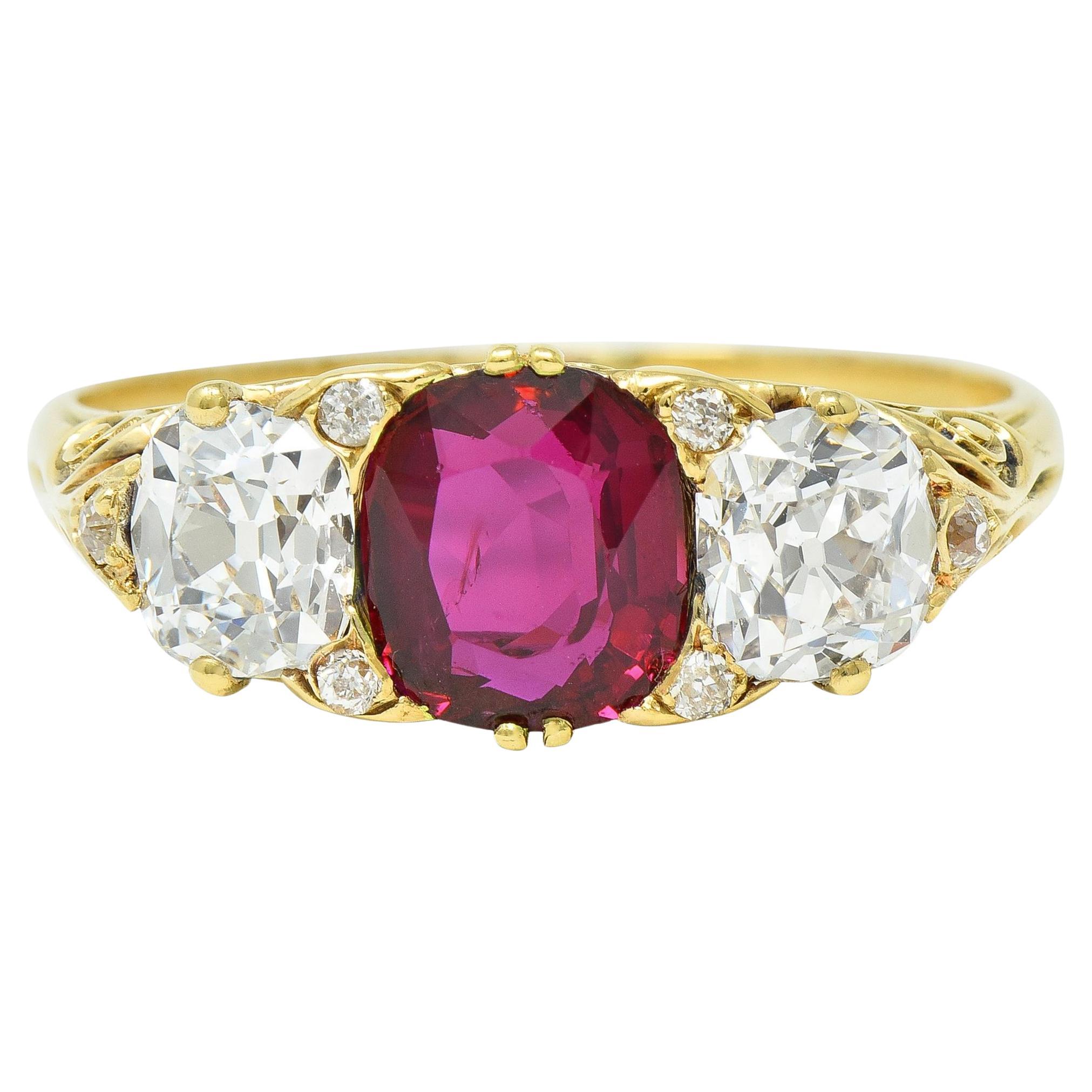 Viktorianischer 2,70 CTW No Heat Burma Rubin Diamant 18 Karat Gelbgold Ring AGL