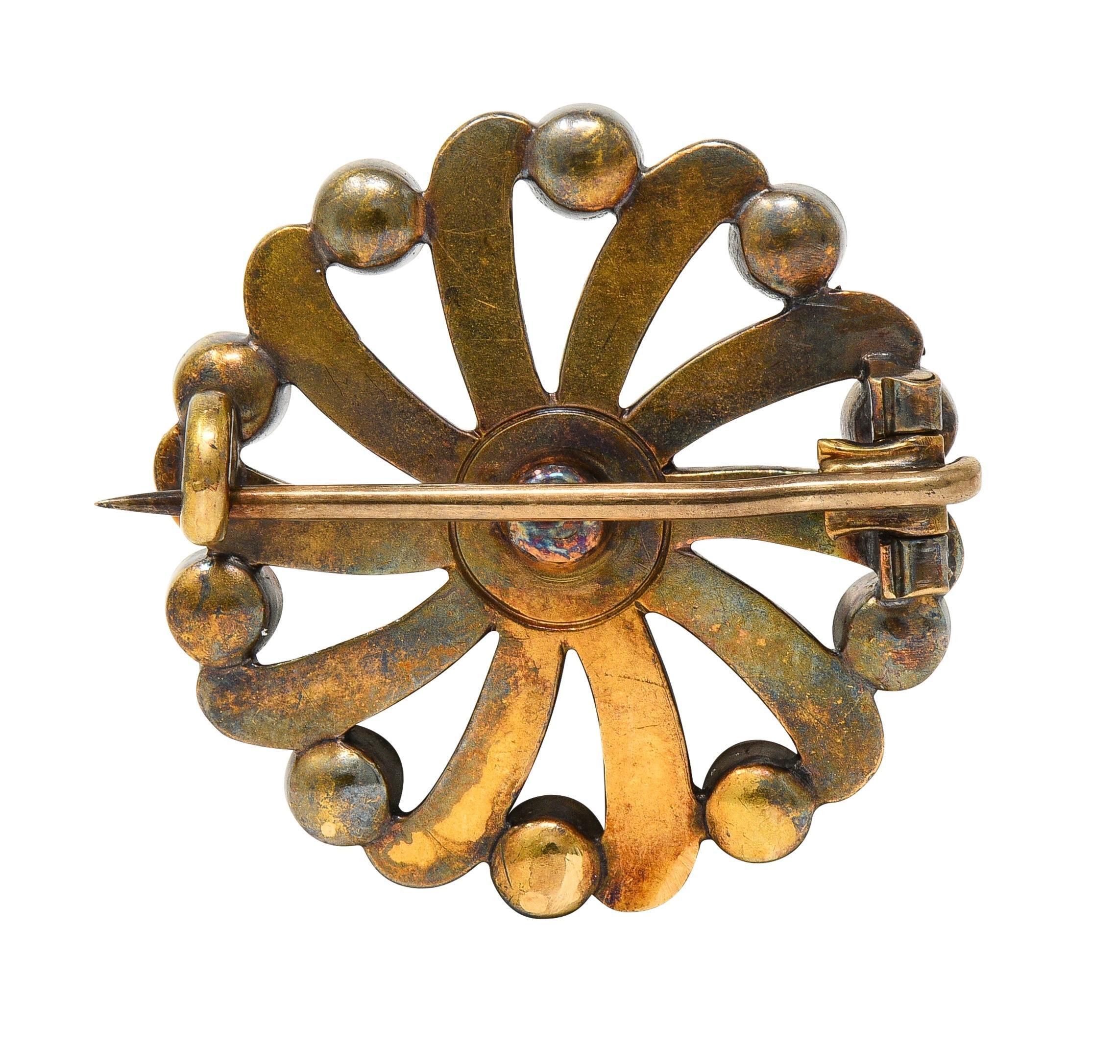 Cabochon Victorian 2.70 CTW Sapphire Enamel 18 Karat Yellow Gold Spiral Circle Brooch