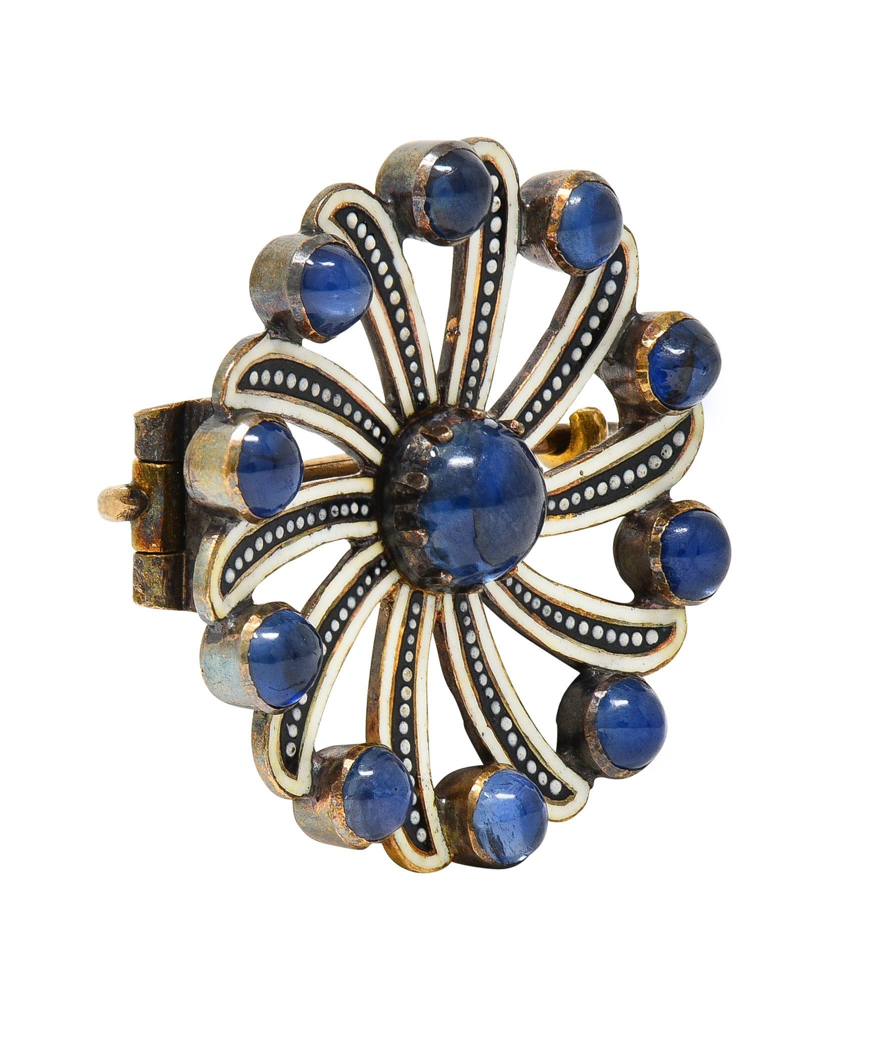 Victorian 2.70 CTW Sapphire Enamel 18 Karat Yellow Gold Spiral Circle Brooch In Excellent Condition In Philadelphia, PA