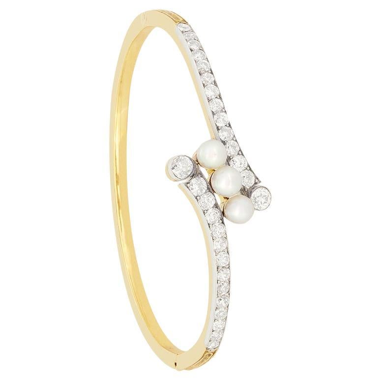 Victorian 2.70ct Diamond and Pearl Bangle, c.1880s For Sale