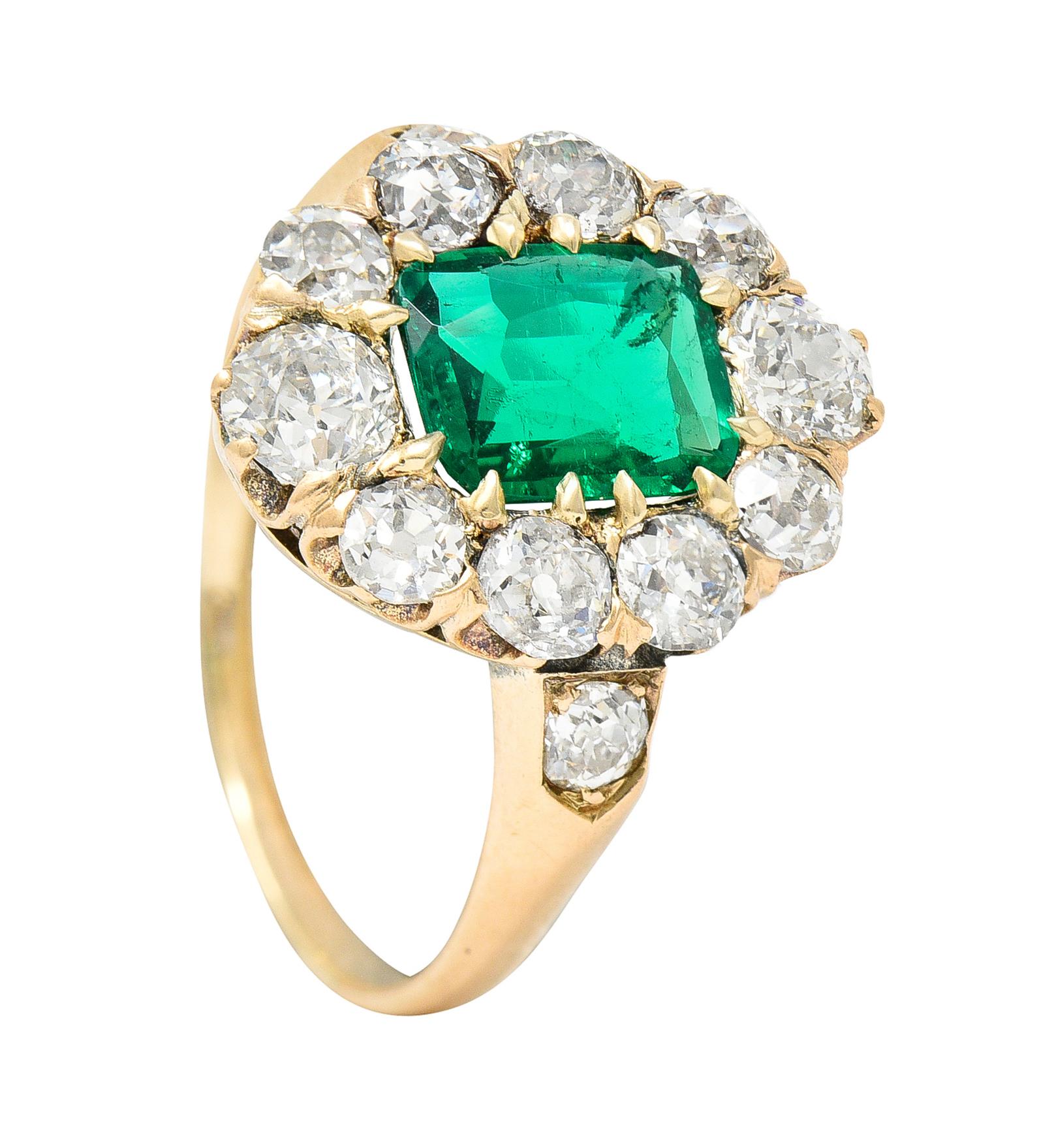 Victorian 2.71 Carat Colombian Cushion Cut Emerald Diamond 14 Karat Gold Ring For Sale 5
