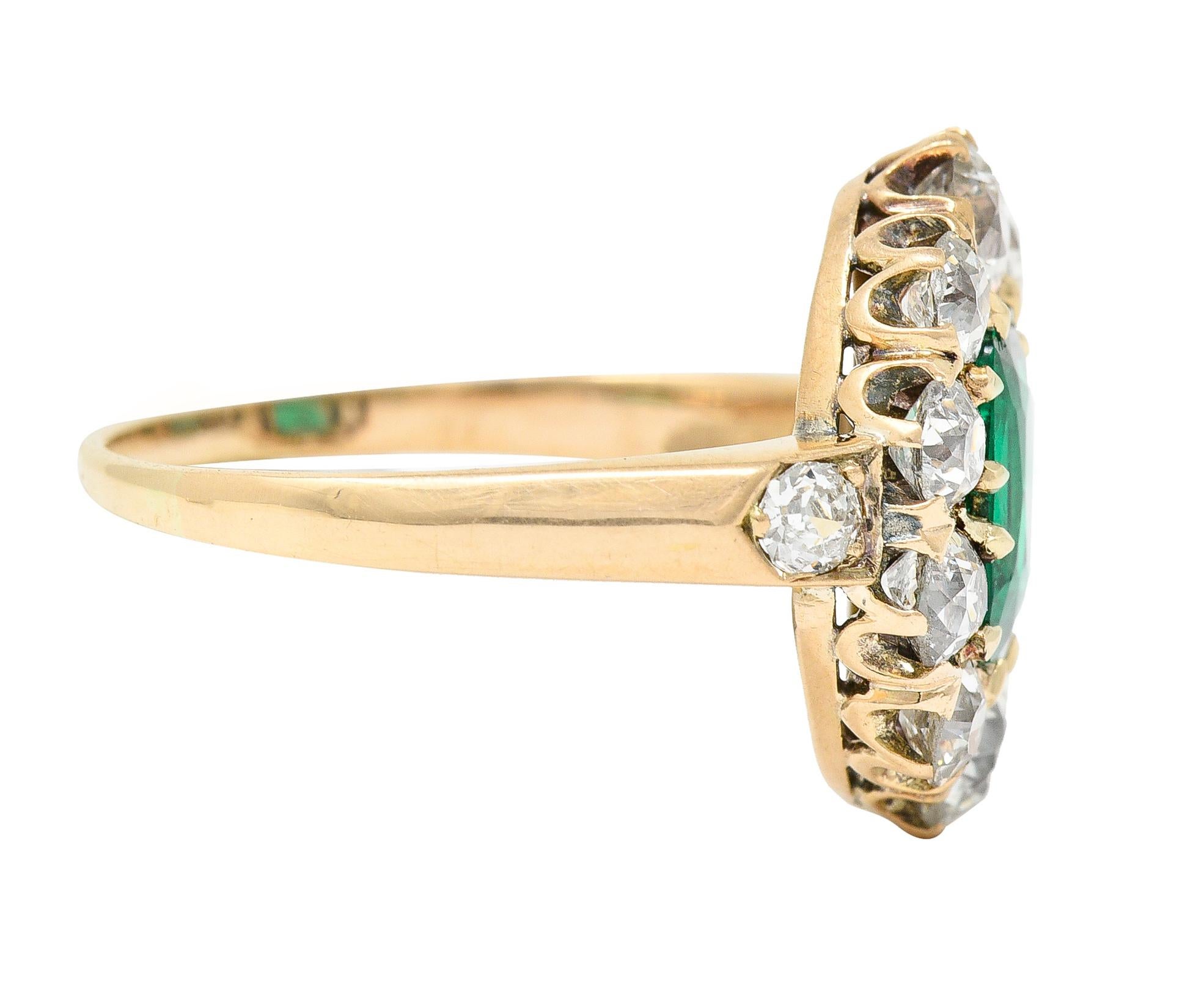 Emerald Cut Victorian 2.71 Carat Colombian Cushion Cut Emerald Diamond 14 Karat Gold Ring For Sale