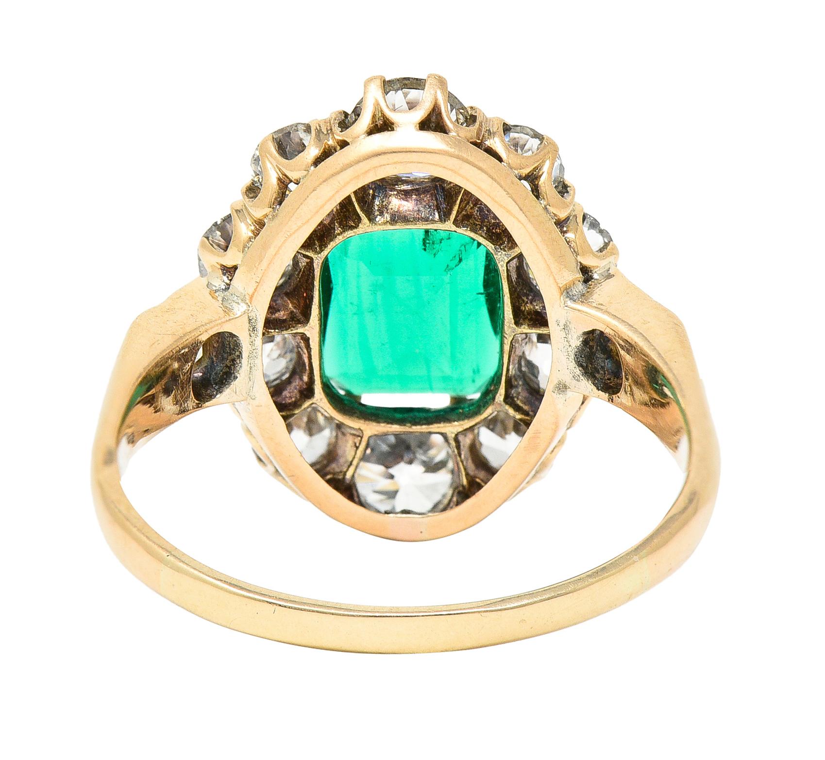 Victorian 2.71 Carat Colombian Cushion Cut Emerald Diamond 14 Karat Gold Ring In Excellent Condition For Sale In Philadelphia, PA