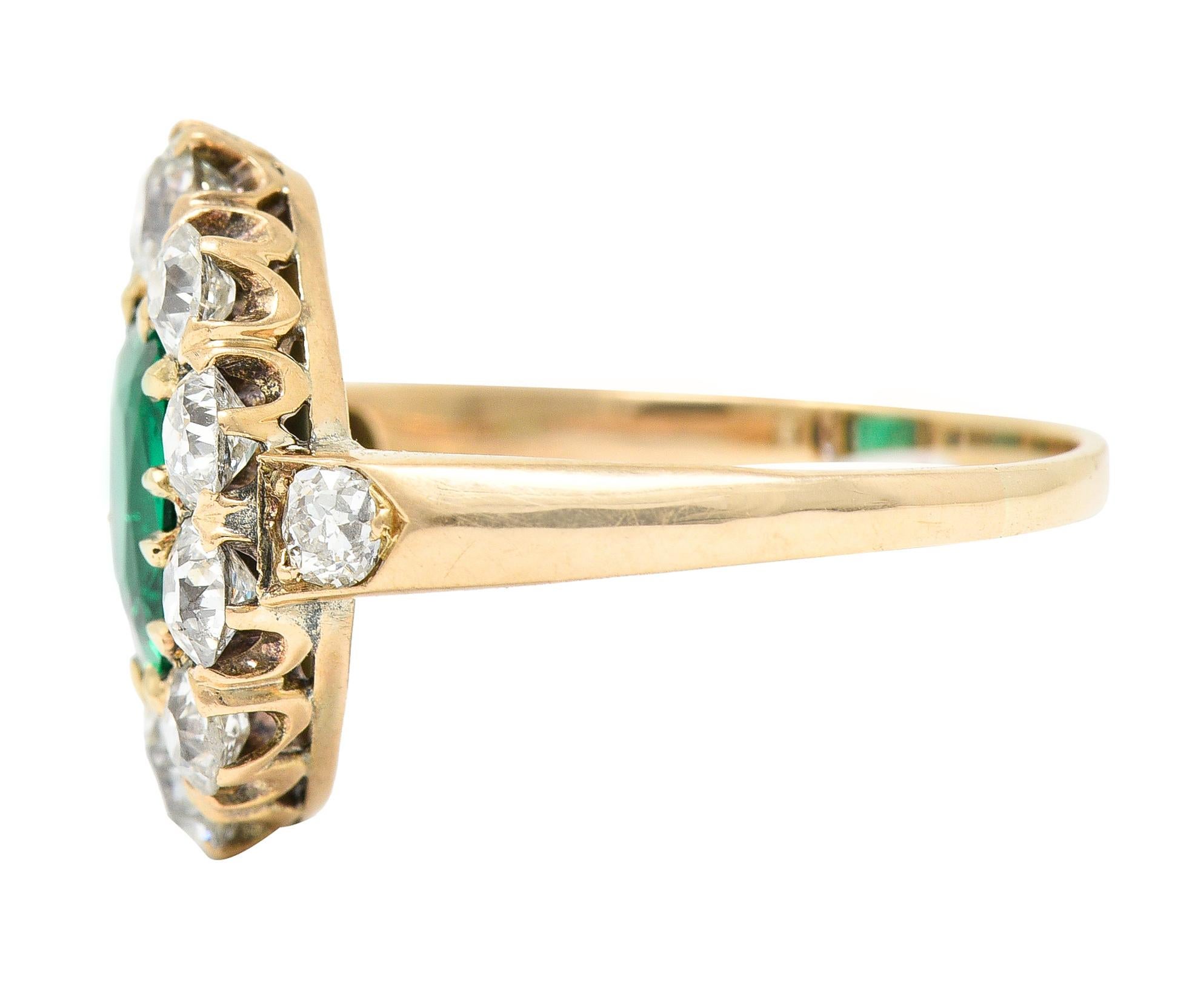Women's or Men's Victorian 2.71 Carat Colombian Cushion Cut Emerald Diamond 14 Karat Gold Ring For Sale