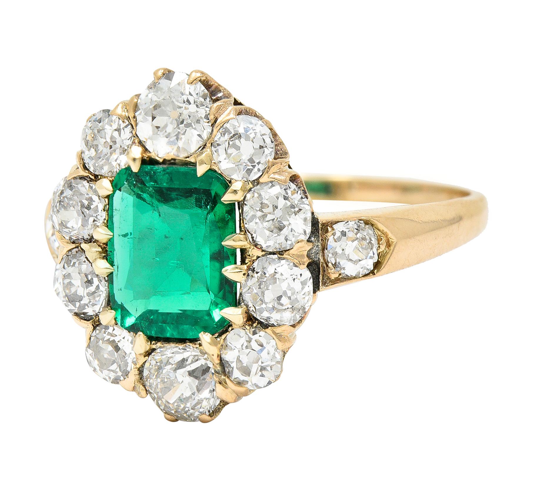 Victorian 2.71 Carat Colombian Cushion Cut Emerald Diamond 14 Karat Gold Ring For Sale 1