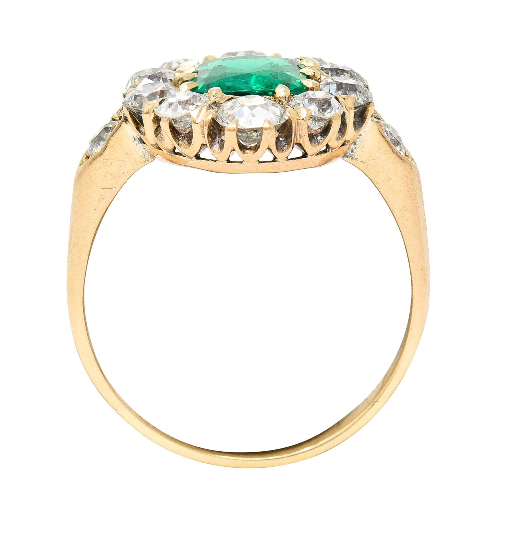 Victorian 2.71 Carat Colombian Cushion Cut Emerald Diamond 14 Karat Gold Ring For Sale 3