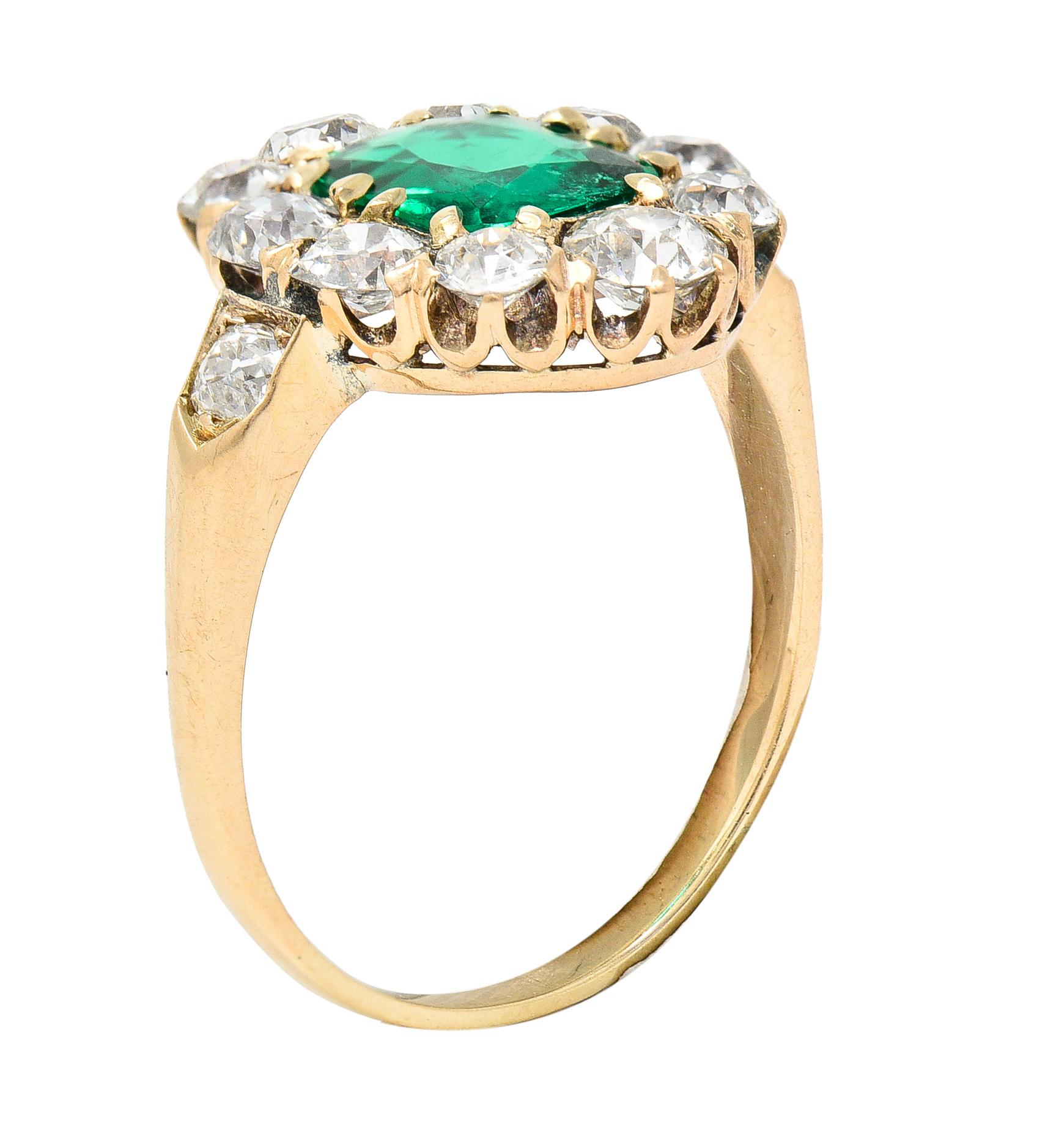 Victorian 2.71 Carat Colombian Cushion Cut Emerald Diamond 14 Karat Gold Ring For Sale 4