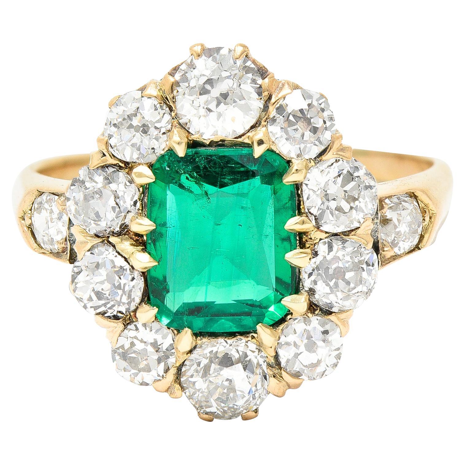 Victorian 2.71 Carat Colombian Cushion Cut Emerald Diamond 14 Karat Gold Ring For Sale