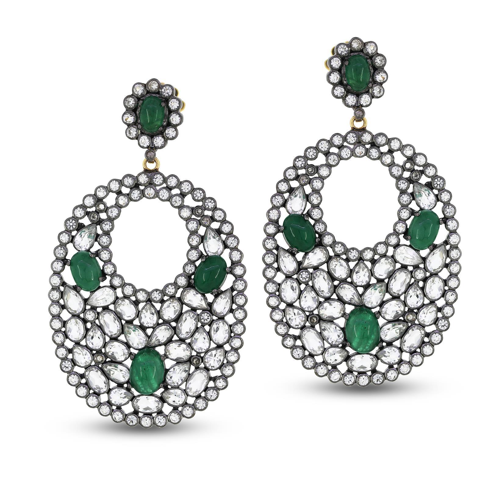 Pear Cut Victorian 27.2cttw White Topaz, Emerald and Diamond Drop Earrings in 18/925