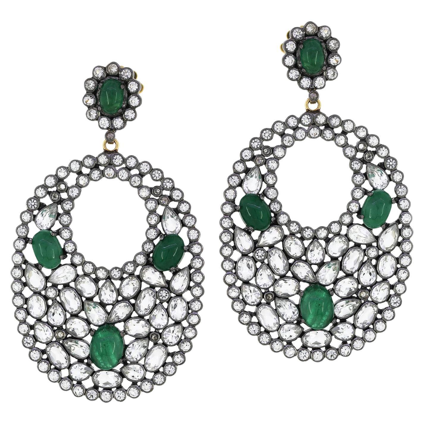 Victorian 27.2cttw White Topaz, Emerald and Diamond Drop Earrings in 18/925