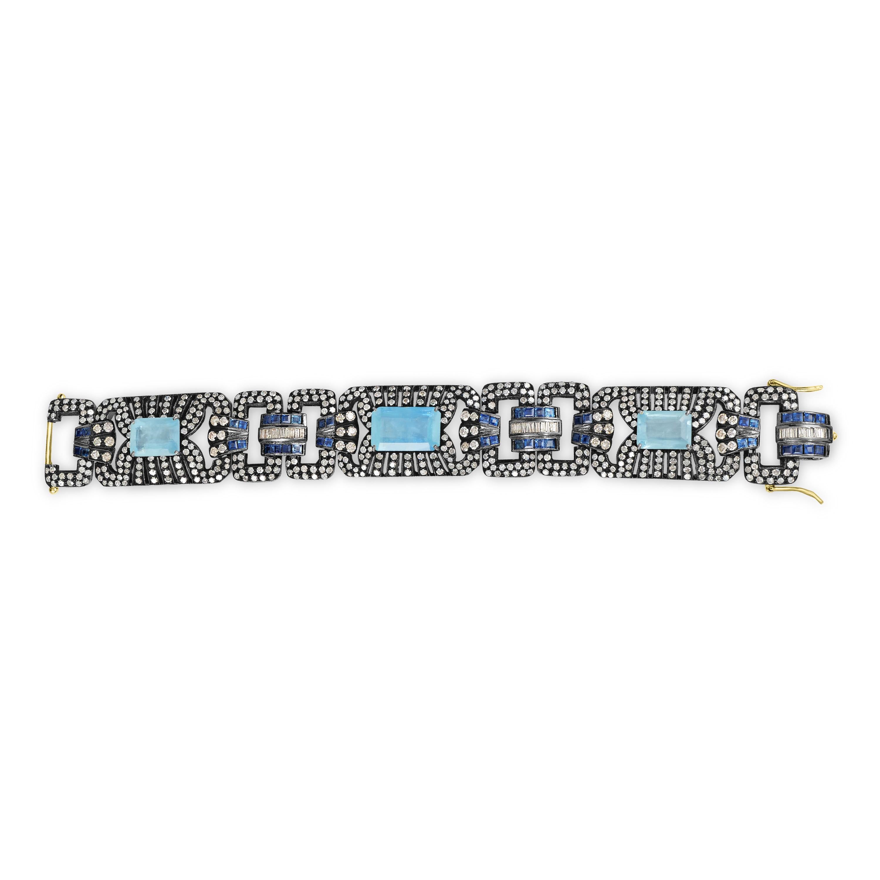 Baguette Cut Victorian 27.5 Cttw. Aquamarine, Blue Sapphire and Diamond Hinged Link Bracelet  For Sale