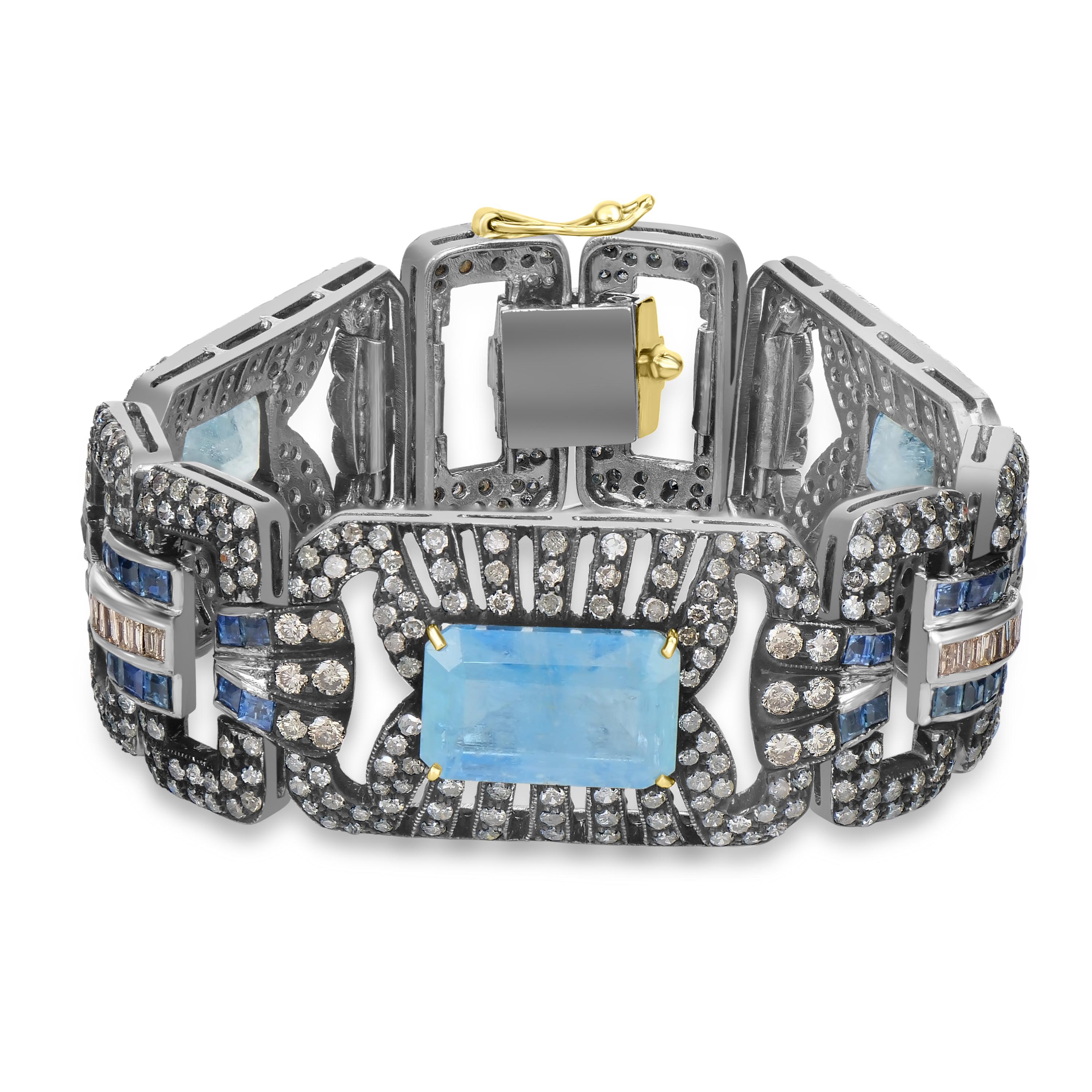 Victorian 27.5 Cttw. Aquamarine, Blue Sapphire and Diamond Hinged Link Bracelet  In New Condition For Sale In New York, NY