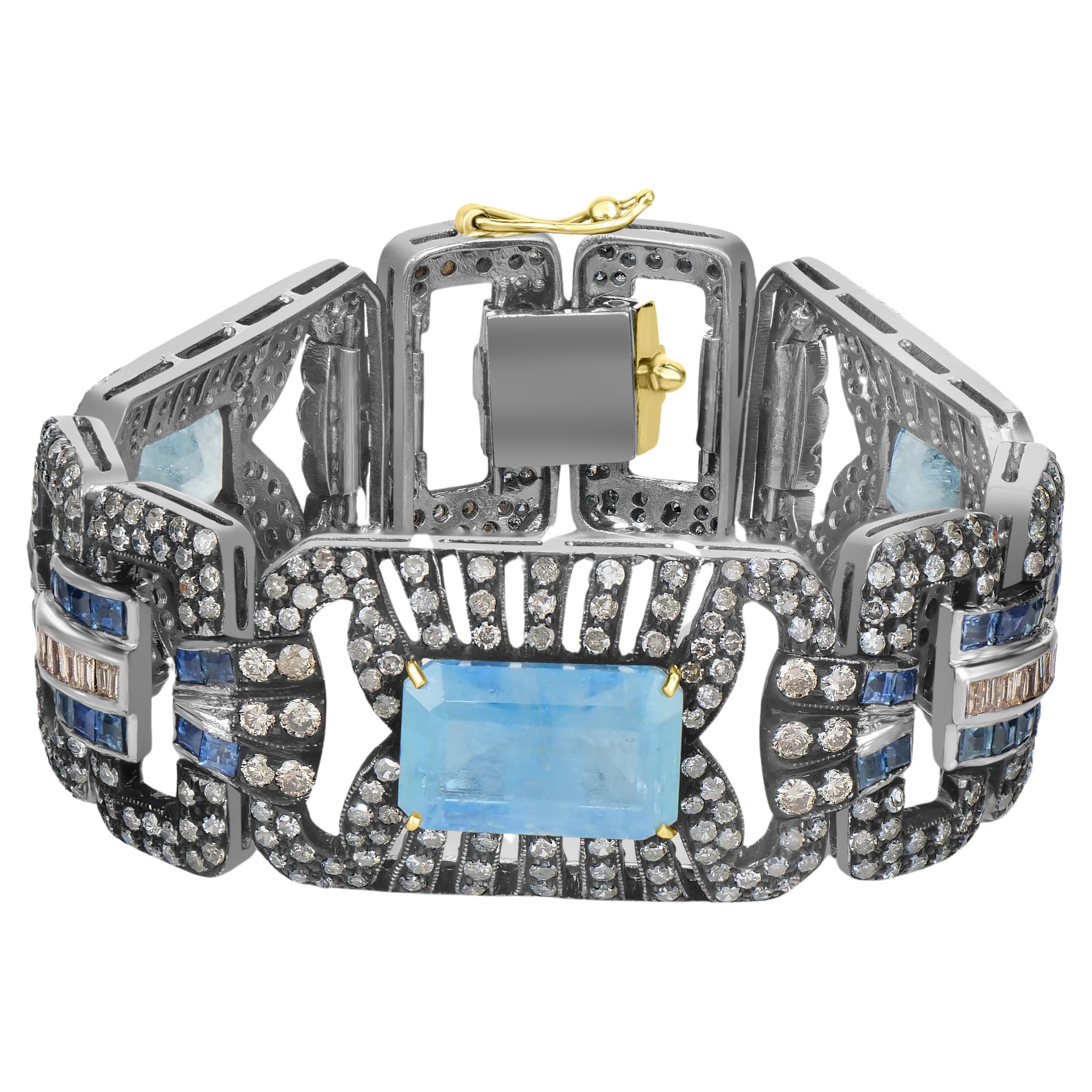 Victorian 27.5 ct. pt. Bracelet à maillons articulés aigue-marine, saphir bleu et diamant 
