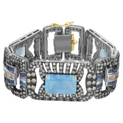 Victorian 27.5 Cttw. Aquamarine, Blue Sapphire and Diamond Hinged Link Bracelet 