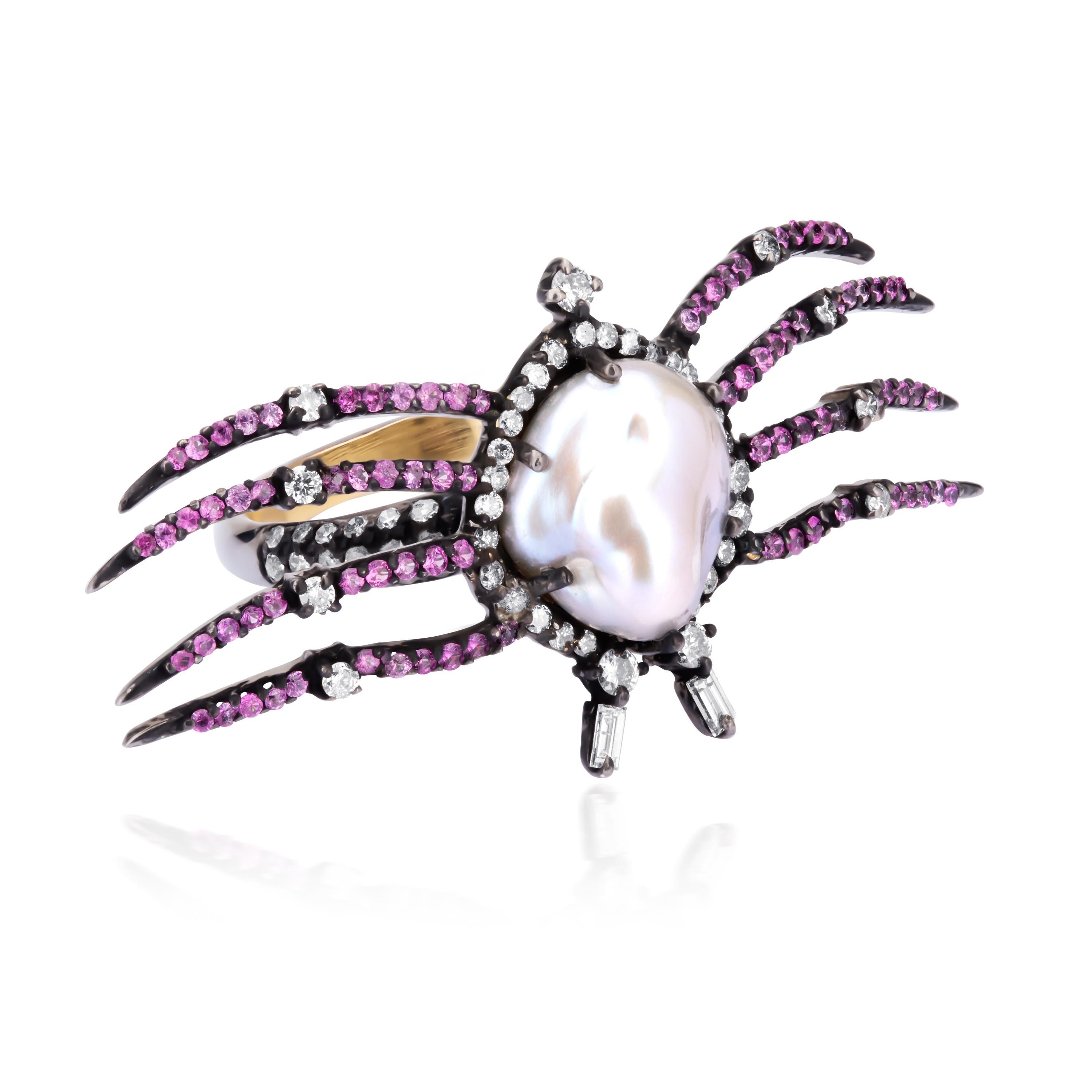 Oval Cut Victorian 2.77 Carat T.W. Pearl, Pink Sapphire and Diamond Spider Ring For Sale