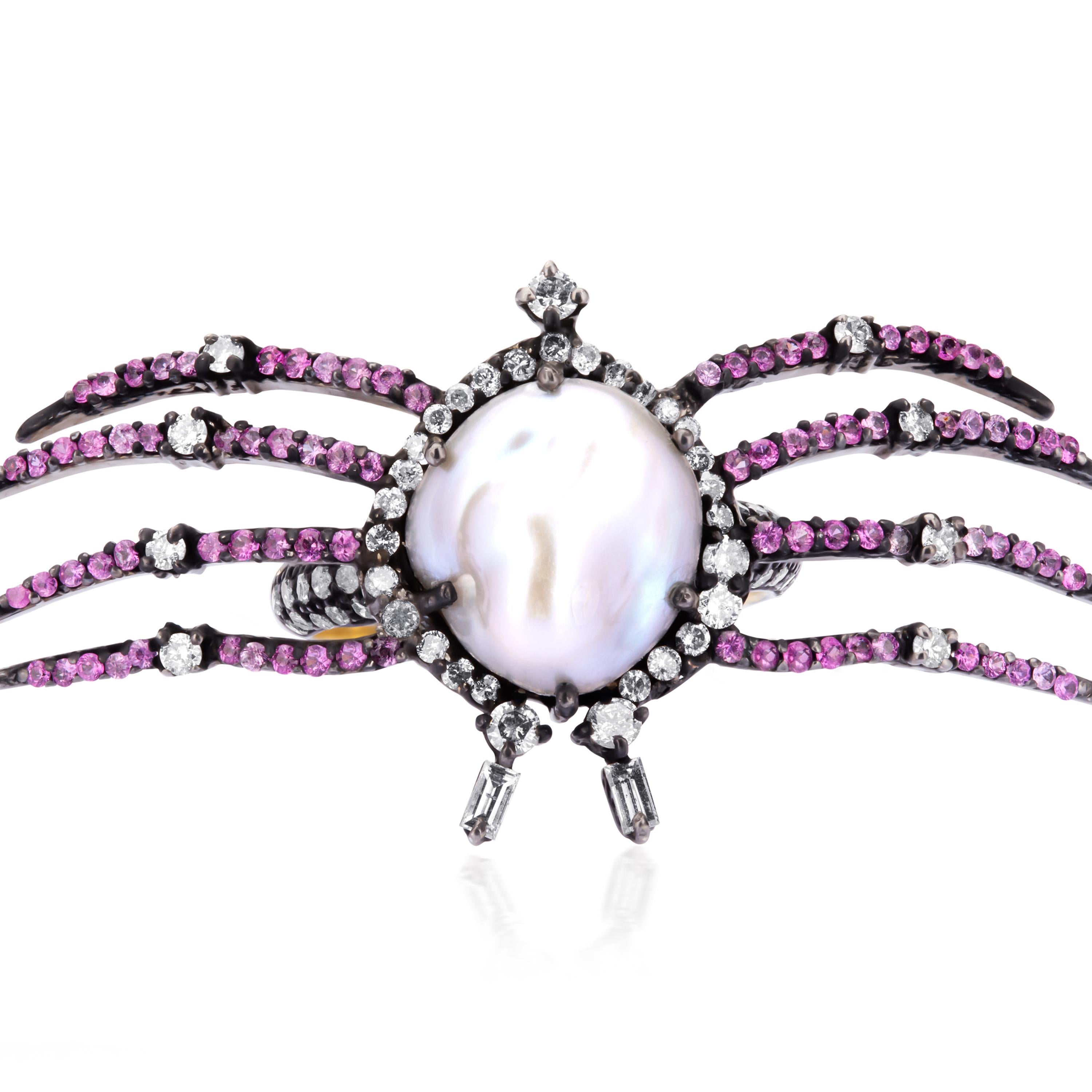 Victorian 2.77 Carat T.W. Pearl, Pink Sapphire and Diamond Spider Ring In New Condition For Sale In New York, NY