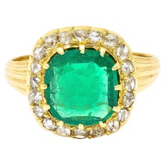 Victorian 2.78 Carat Cushion Cut Colombian Emerald Diamond 18 Karat Gold Ring