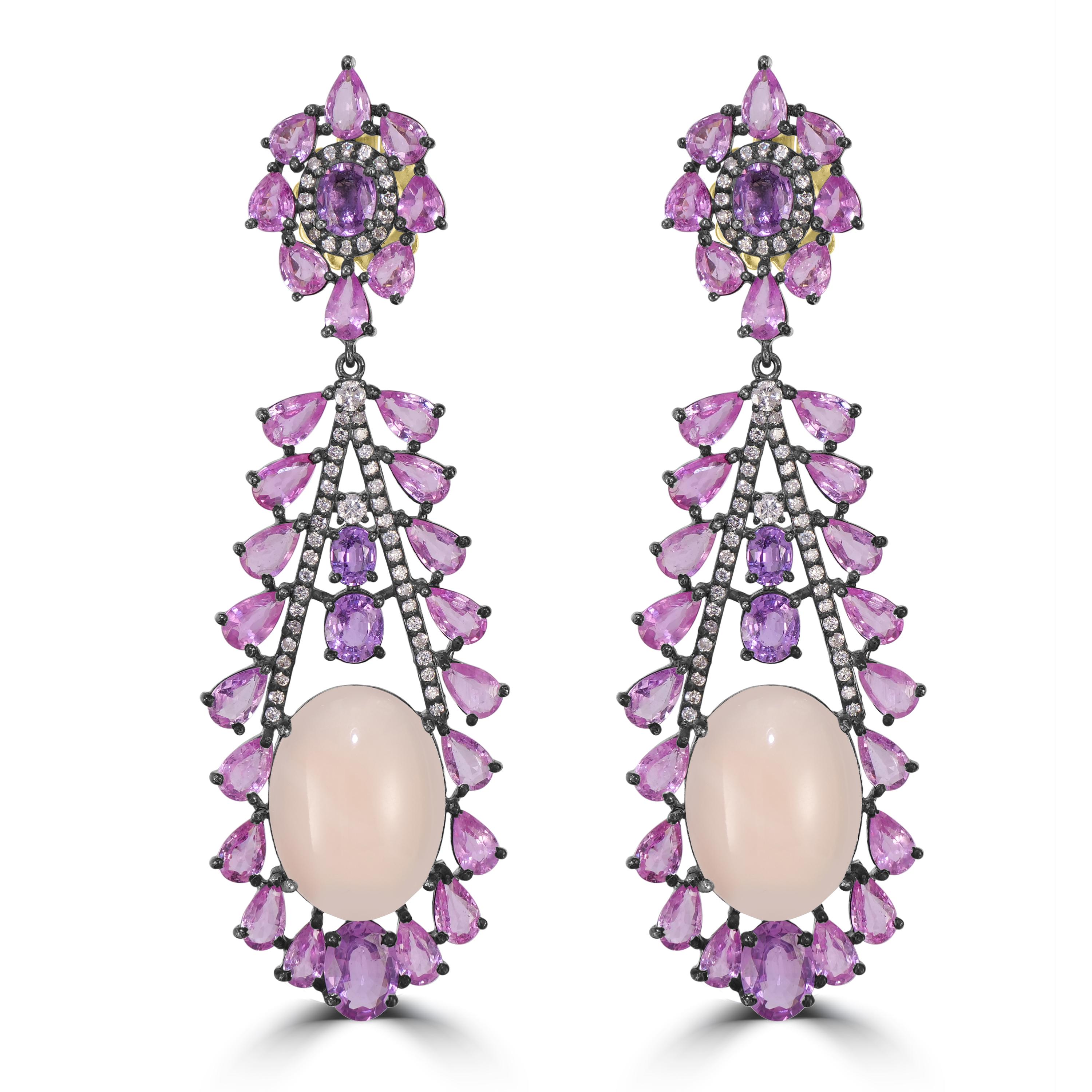 Victorian 27.85 Cttw. Peach Coral, Diamond and Multi Sapphire Floral Earrings  In New Condition For Sale In New York, NY