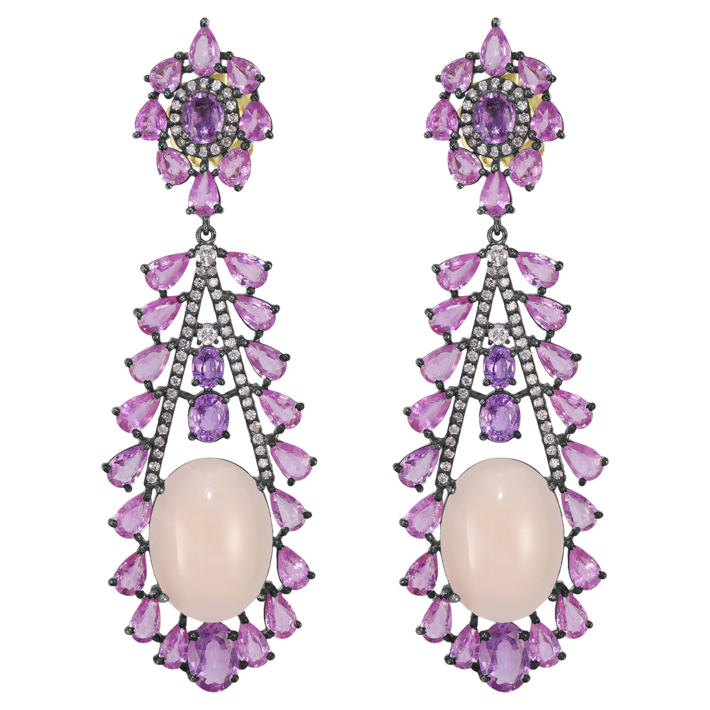 Victorian 27.85 Cttw. Peach Coral, Diamond and Multi Sapphire Floral Earrings  For Sale