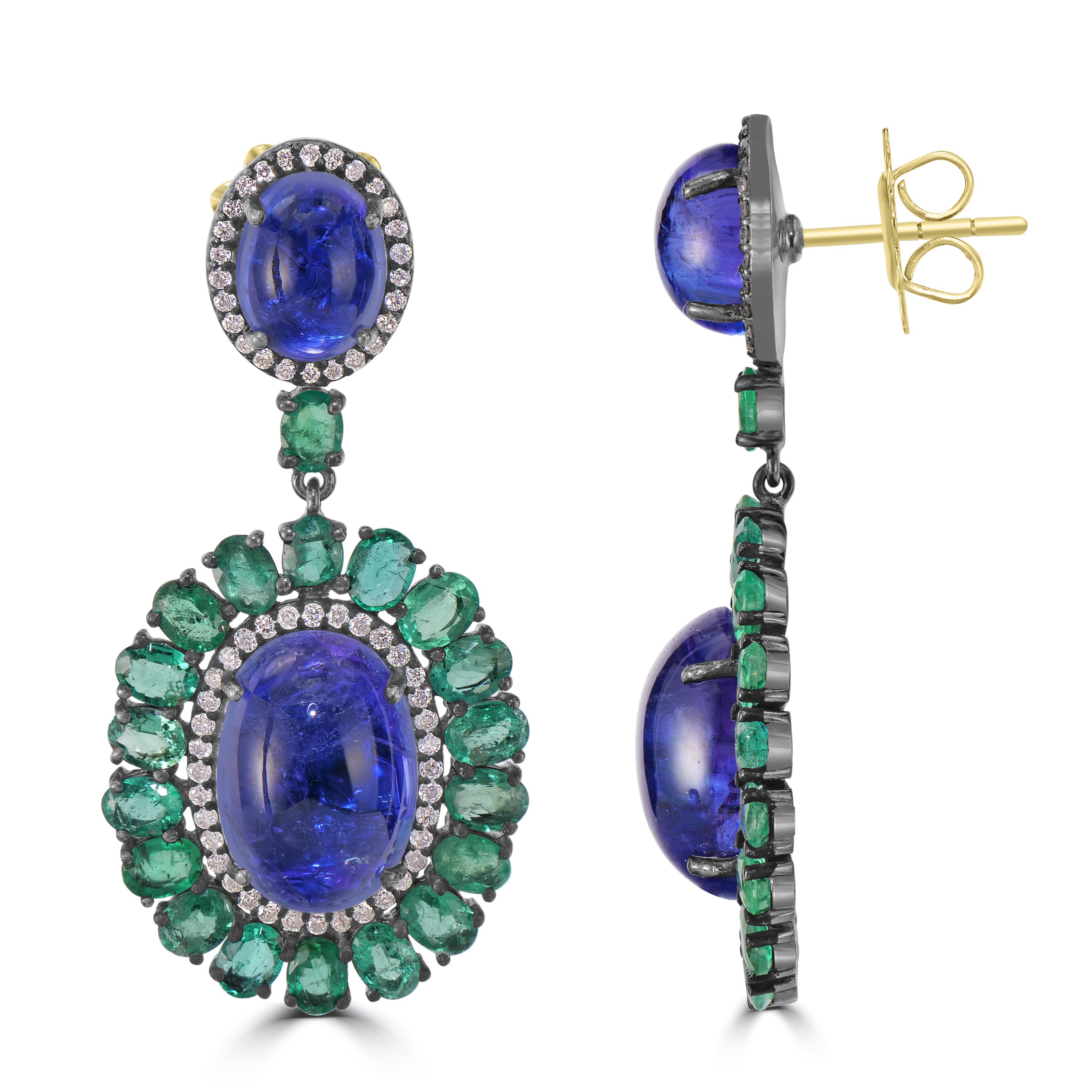Cabochon Victorian 27.85 Cttw. Tanzanite, Diamond and Emerald Dangle Earrings  For Sale
