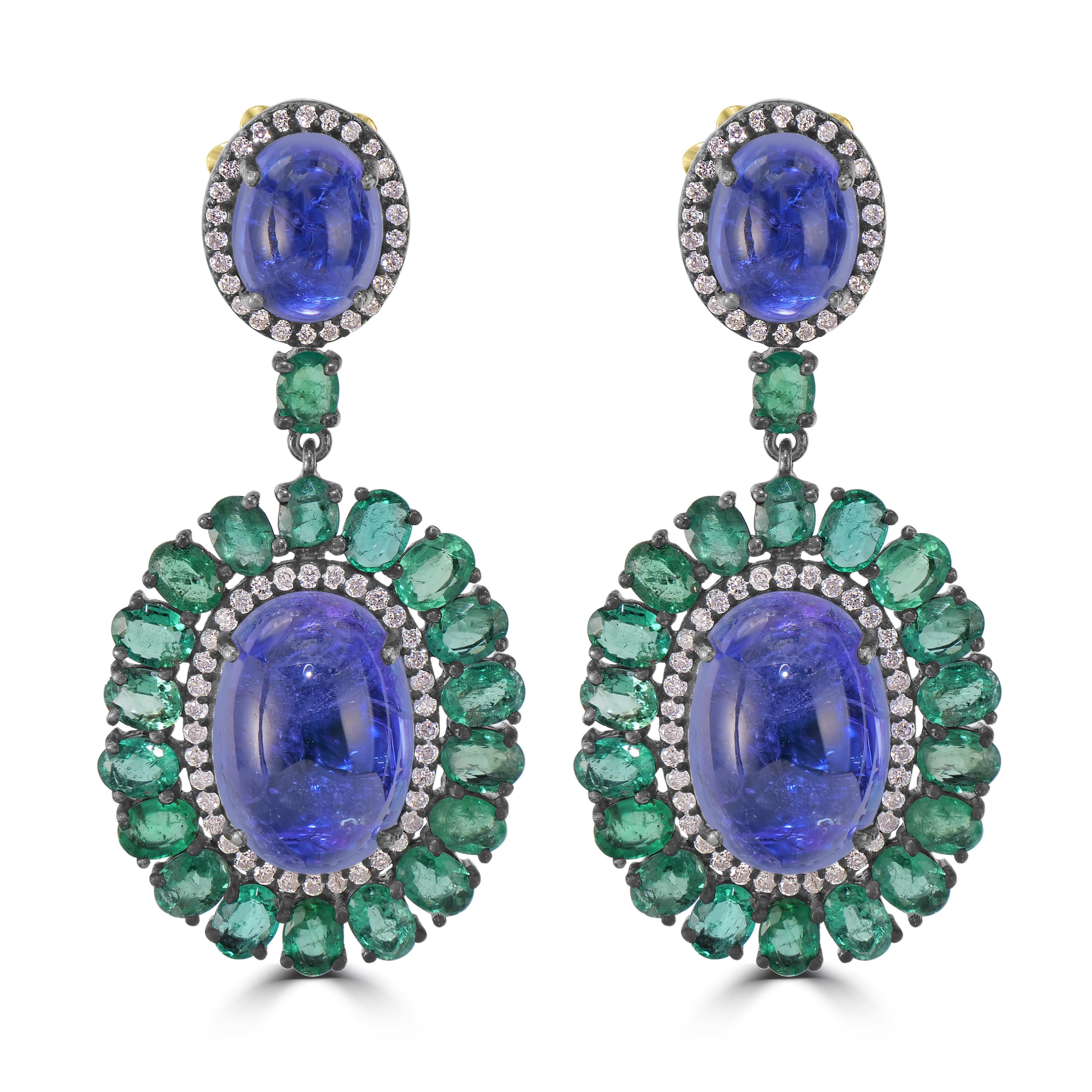 Victorian 27.85 Cttw. Tanzanite, Diamond and Emerald Dangle Earrings  In New Condition For Sale In New York, NY