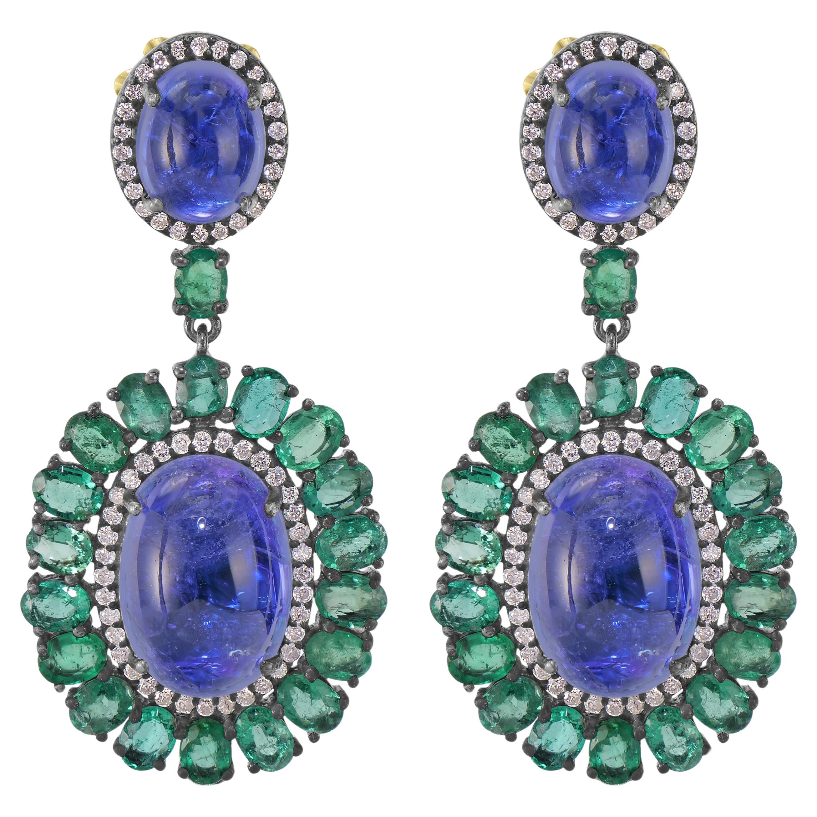 Victorian 27.85 Cttw. Tanzanite, Diamond and Emerald Dangle Earrings 