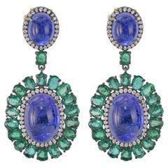 Victorian 27.85 Cttw. Tanzanite, Diamond and Emerald Dangle Earrings 