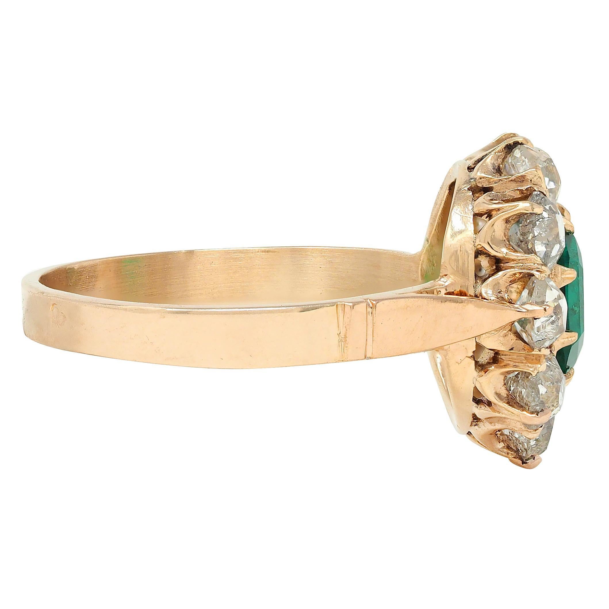 Mixed Cut Victorian 2.79 CTW Colombian Emerald Diamond 14 Karat Yellow Gold Antique Ring
