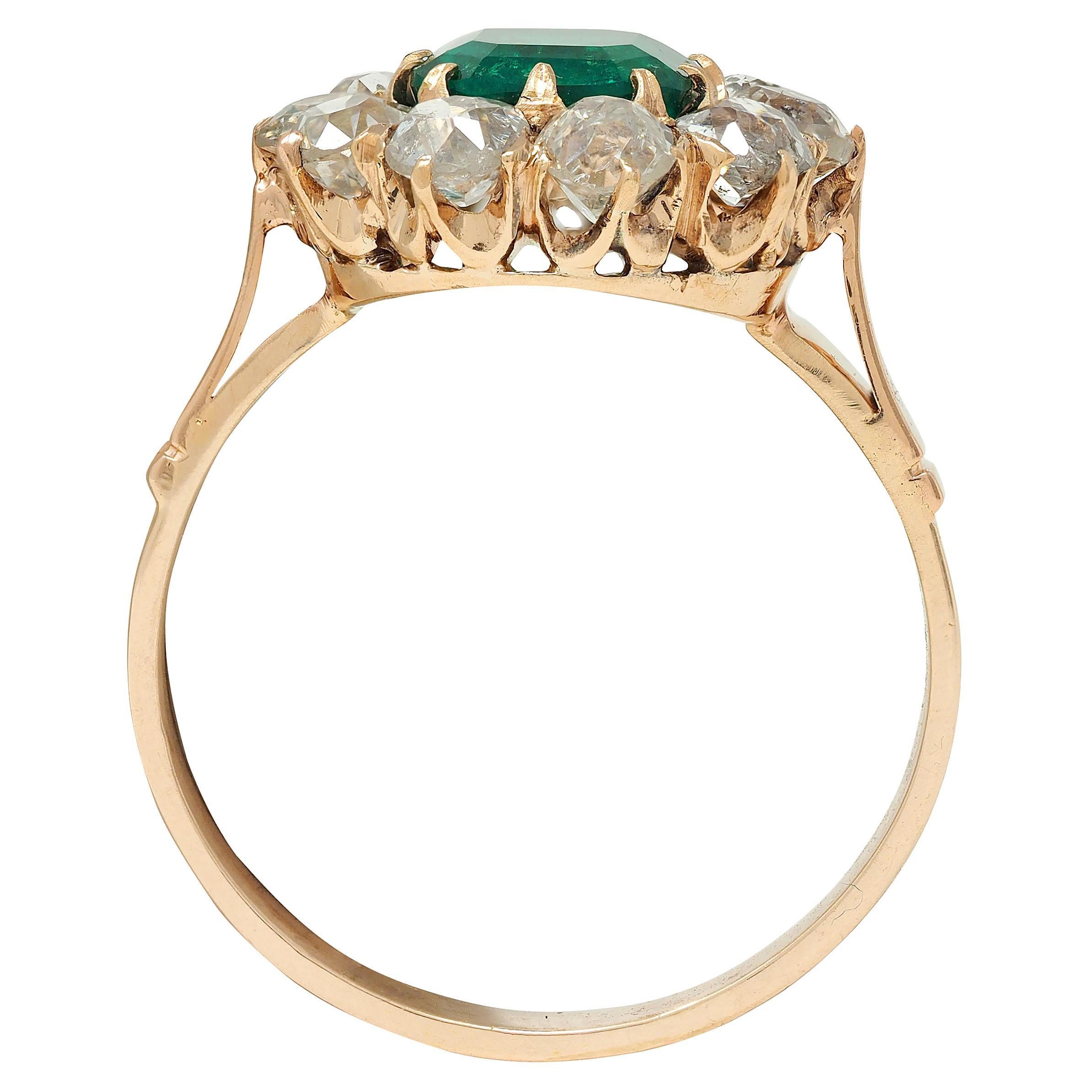 Victorian 2.79 CTW Colombian Emerald Diamond 14 Karat Yellow Gold Antique Ring 1