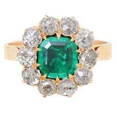 Victorian 2.79 CTW Colombian Emerald Diamond 14 Karat Yellow Gold Antique Ring