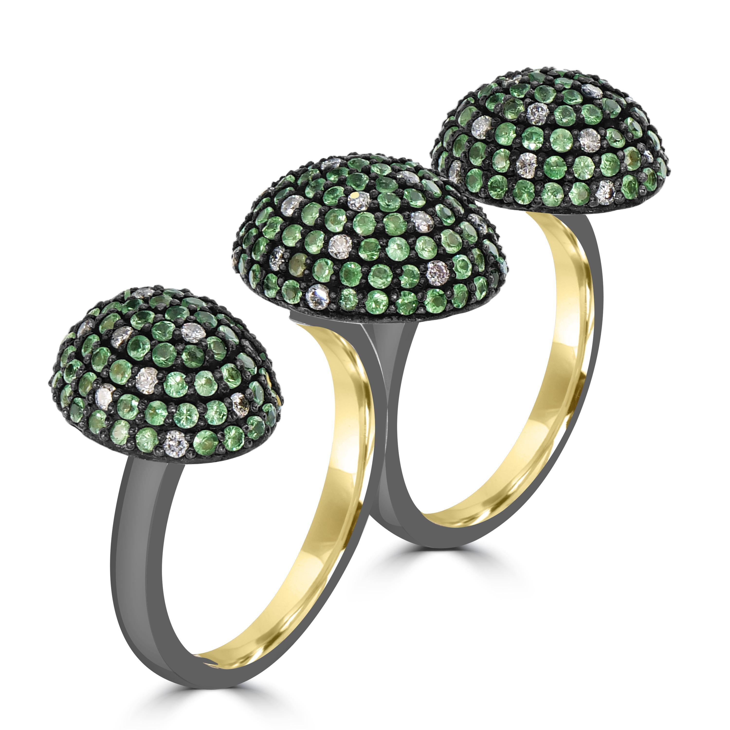 Embrace the allure of the Victorian era with the 2.79 Cttw. Tsavorite and Diamond Double Shank Three Dome Ring — a captivating symphony of design and gemstones. This unique ring boasts double shanks adorned with three mesmerizing domes. The central