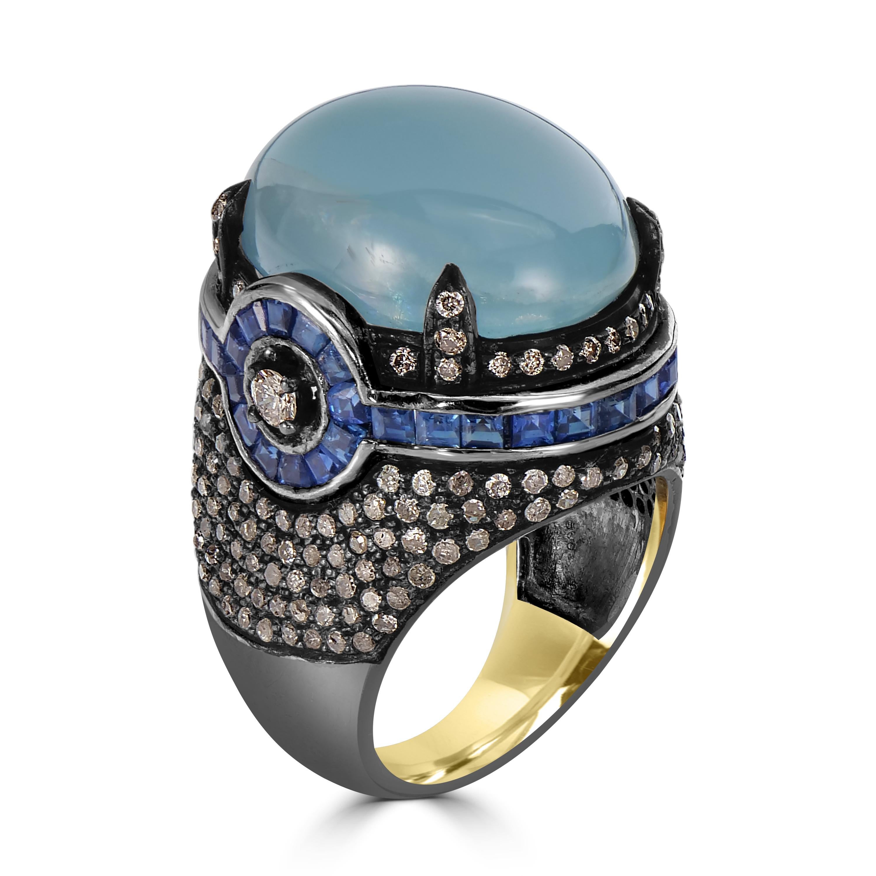 Introducing our extraordinary Victorian Dome Ring, a masterful creation that seamlessly blends the ethereal beauty of aquamarine, the regal allure of blue sapphires, and the timeless sparkle of diamonds. Crafted in 18K yellow gold and sterling