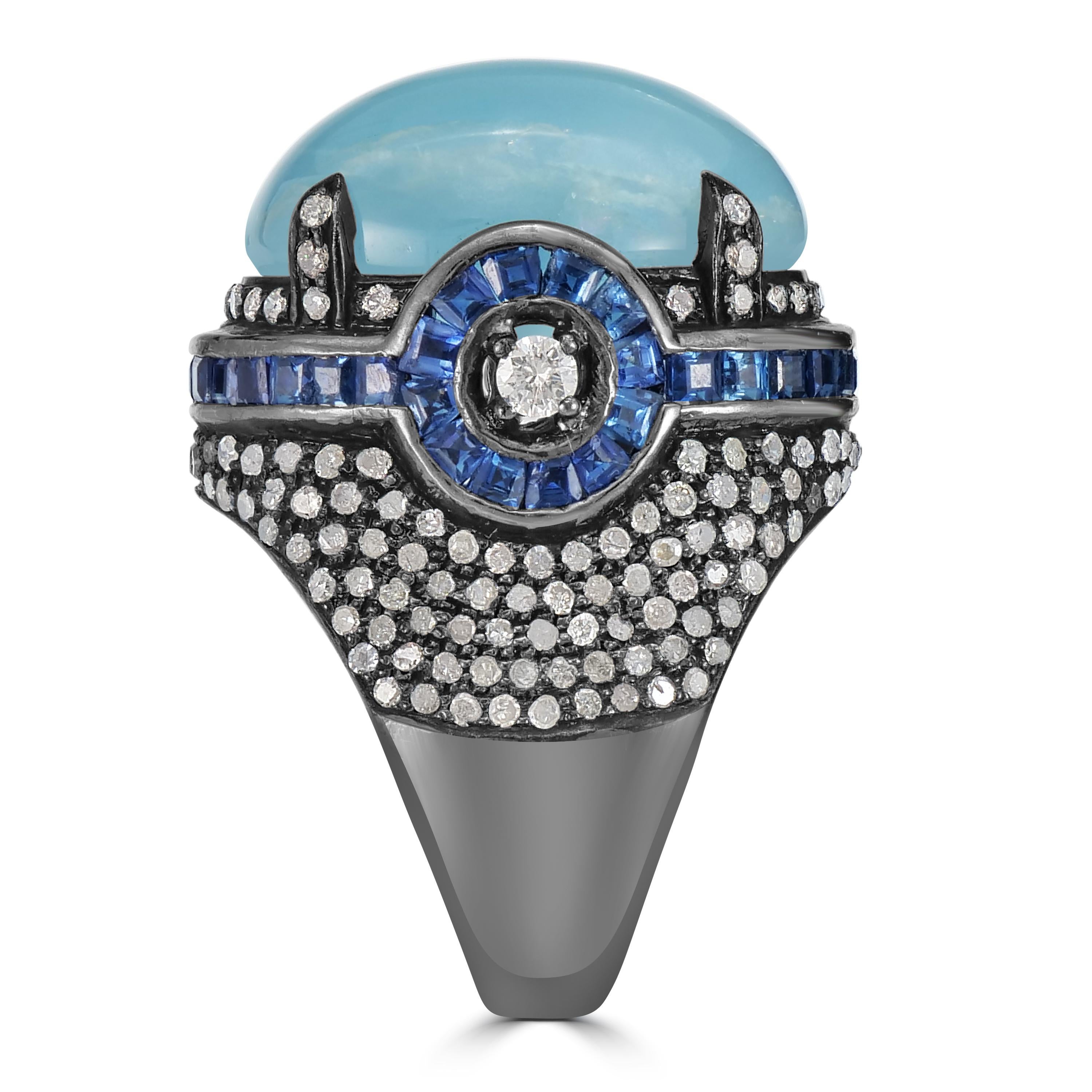 Oval Cut  Victorian 27cttw. Blue Sapphire, Aquamarine and Diamond Dome Ring  For Sale